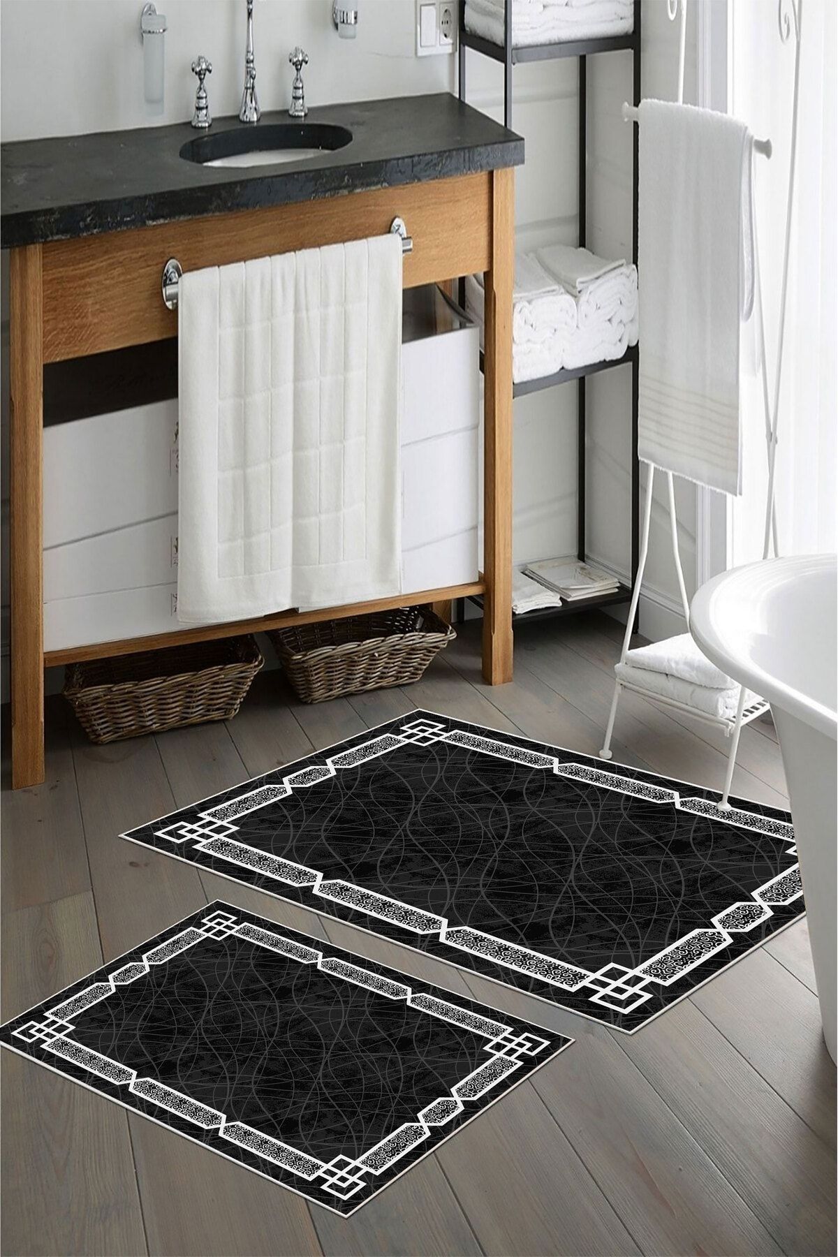 nova century Kaymaz Taban Yıkanabilir 2’li Banyo Paspası - Nova Bath Desenli 60*100 Cm - 50*60 Cm