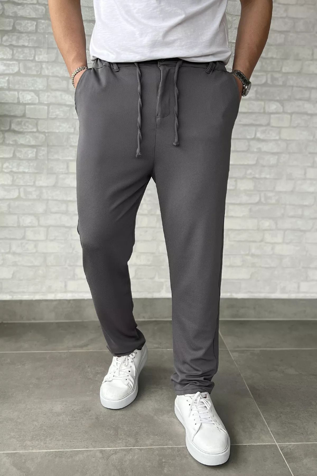 MİSHAR İTALİA Koyugri Bel Bağcıklı Erkek Jogger Pantolon
