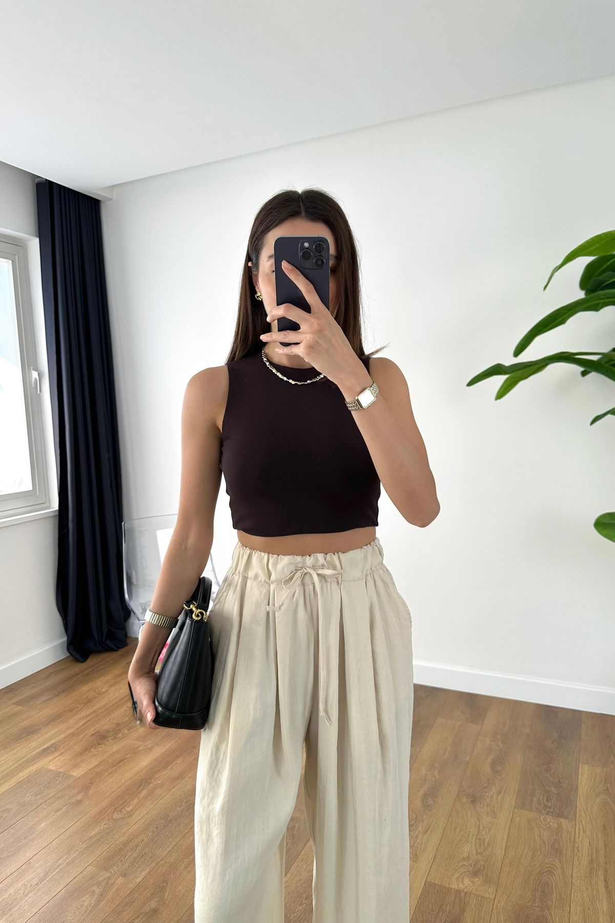BİRCANÇİL ZR Lla Acı Kahve Bisiklet Yaka Crop Tişört