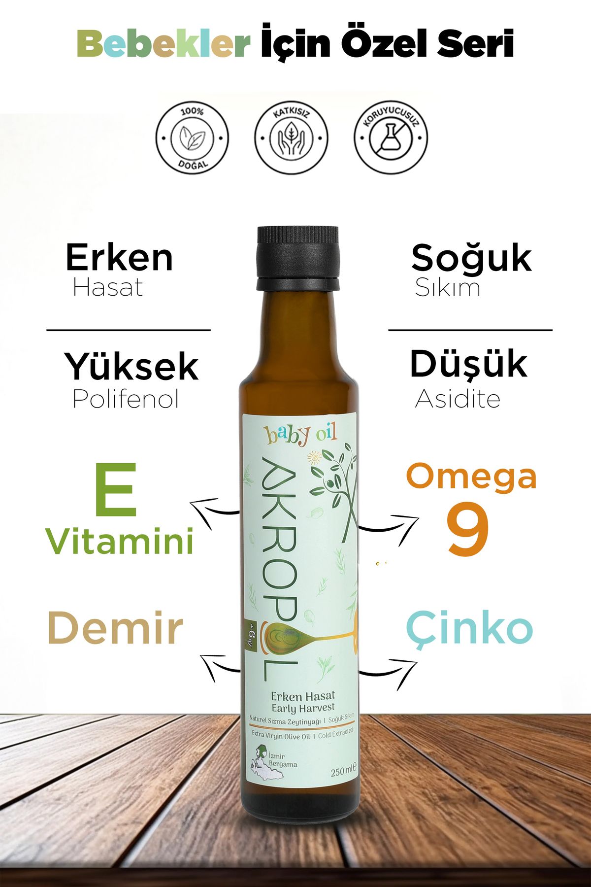 akropol %100 Organik Bebek Zeytinyağı Soğuk Sıkım - Erken Hasat 250ml