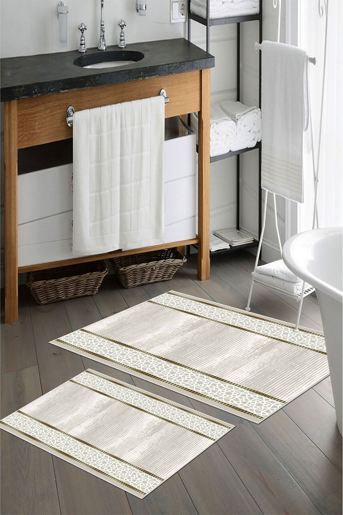nova century Kaymaz Taban Yıkanabilir 2’li Banyo Paspası - Nova Bath Desenli 60*100 Cm - 50*60 Cm