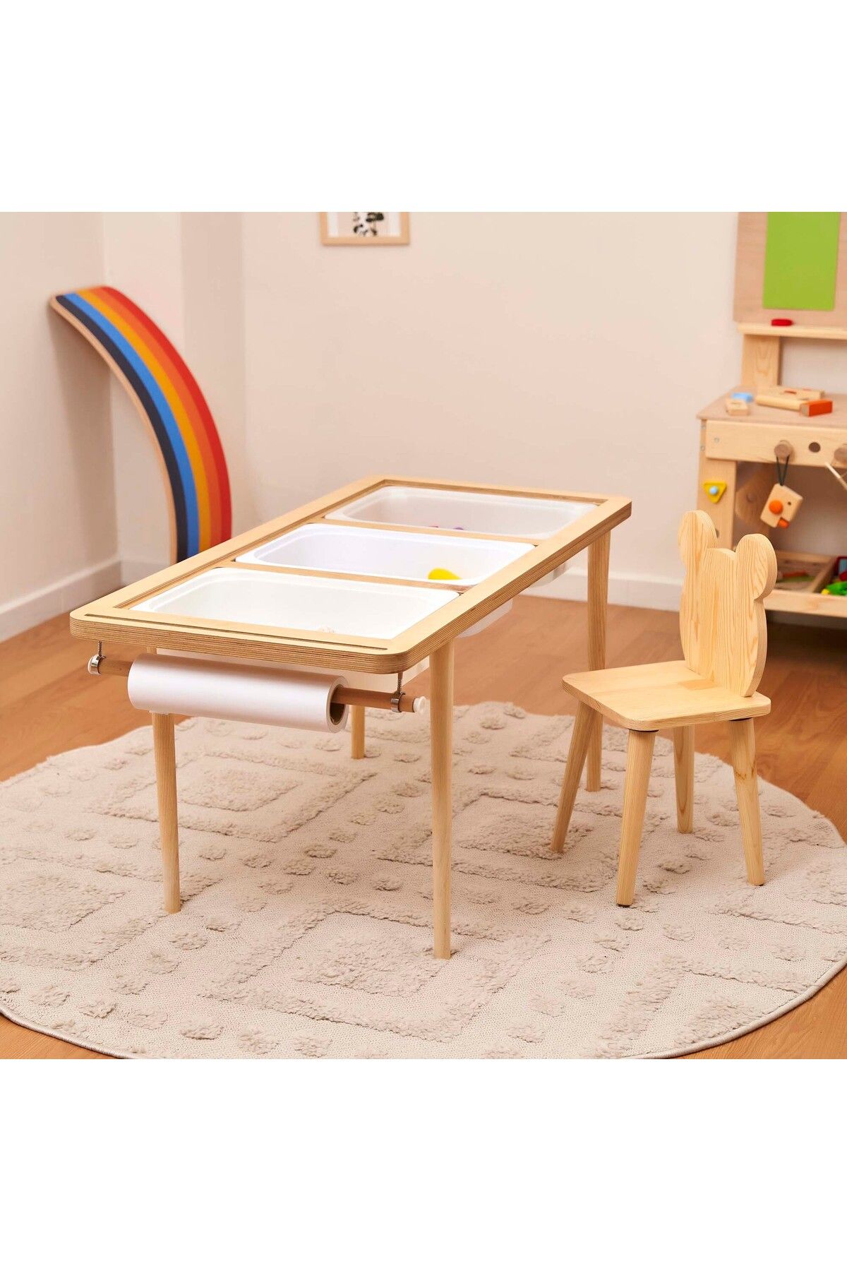 Monti Mania Montessori Huş Çocuk Aktivite Masası 3 Sepet Beyaz/kara Tahtalı Rulo Kişiselleştirilebilir 2-6 Yaş