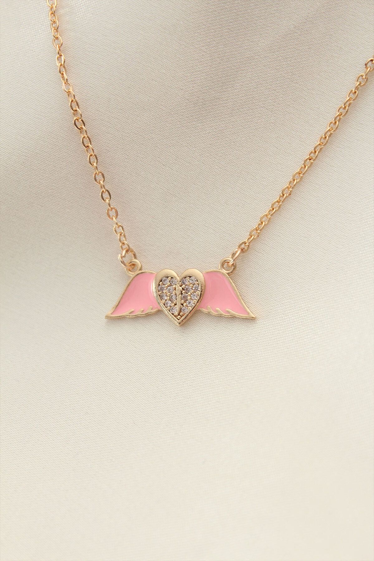 STİLLOVE Pembe Mineli Kanat Taşlı Kalp Kolye SL11648