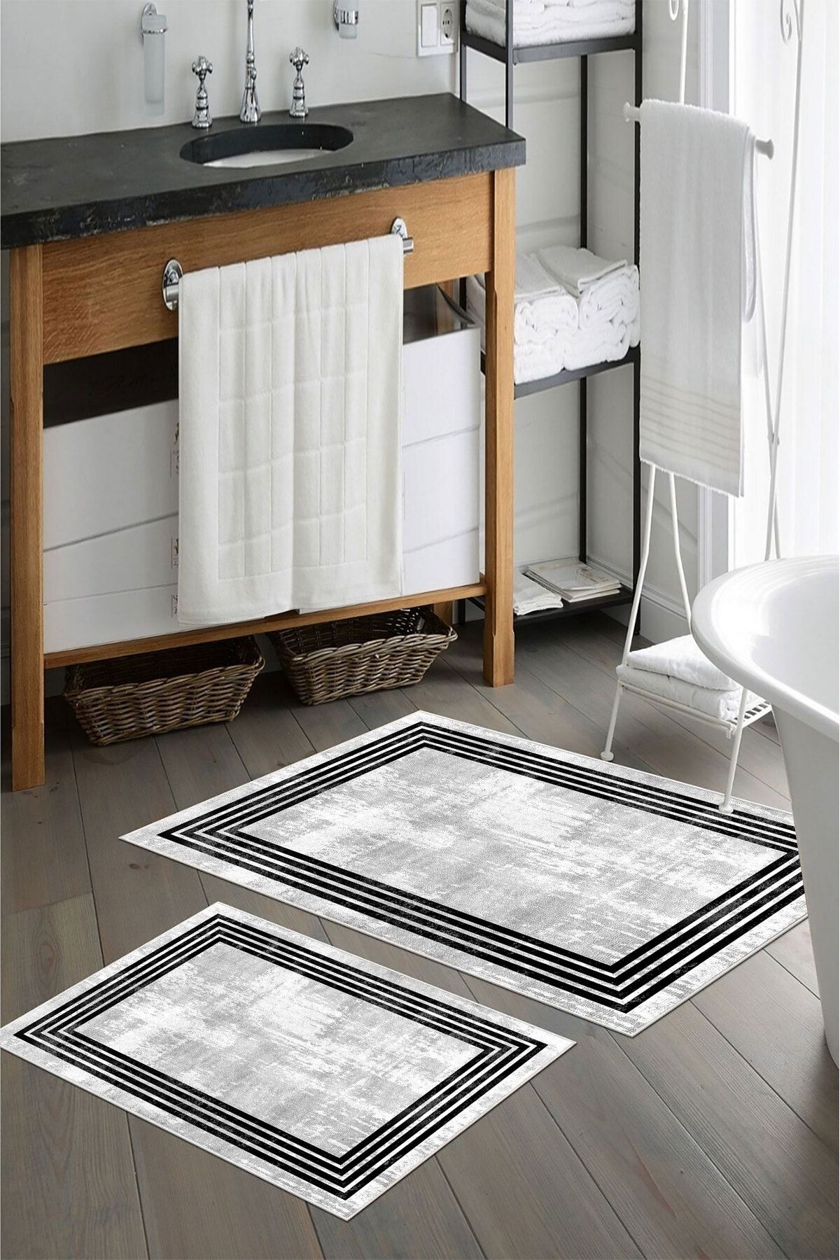 nova century Kaymaz Taban Yıkanabilir 2’li Banyo Paspası - Nova Bath Desenli 60*100 Cm - 50*60 Cm