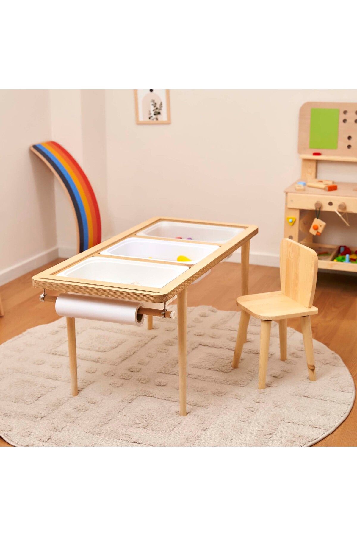 Monti Mania Montessori Huş Çocuk Aktivite Masası 3 Sepet Beyaz/kara Tahtalı Rulo Kişiselleştirilebilir 2-6 Yaş