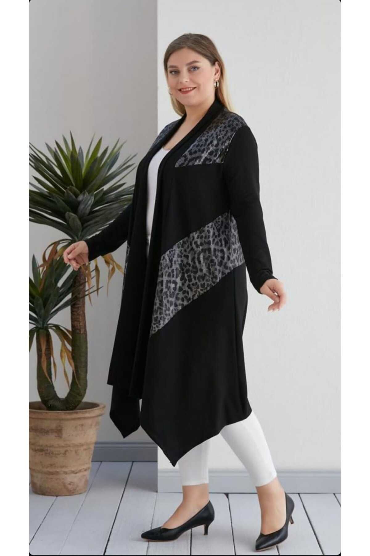 Esra Butik Hane Kadın Şık Asimetrik Kesim Leopar Baskılı Yelek