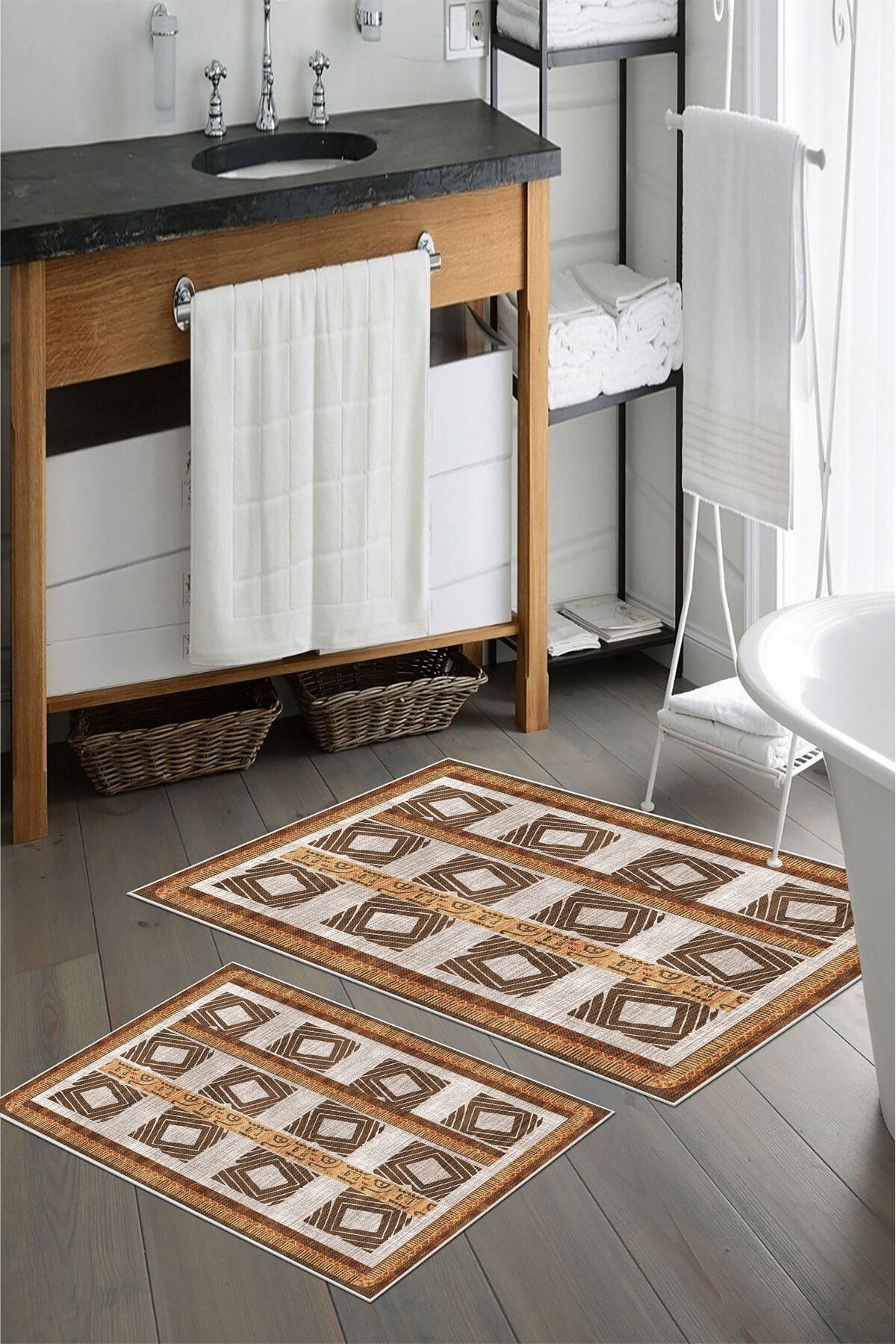 nova century Kaymaz Taban Yıkanabilir 2’li Banyo Paspası - Nova Bath Desenli 60*100 Cm - 50*60 Cm