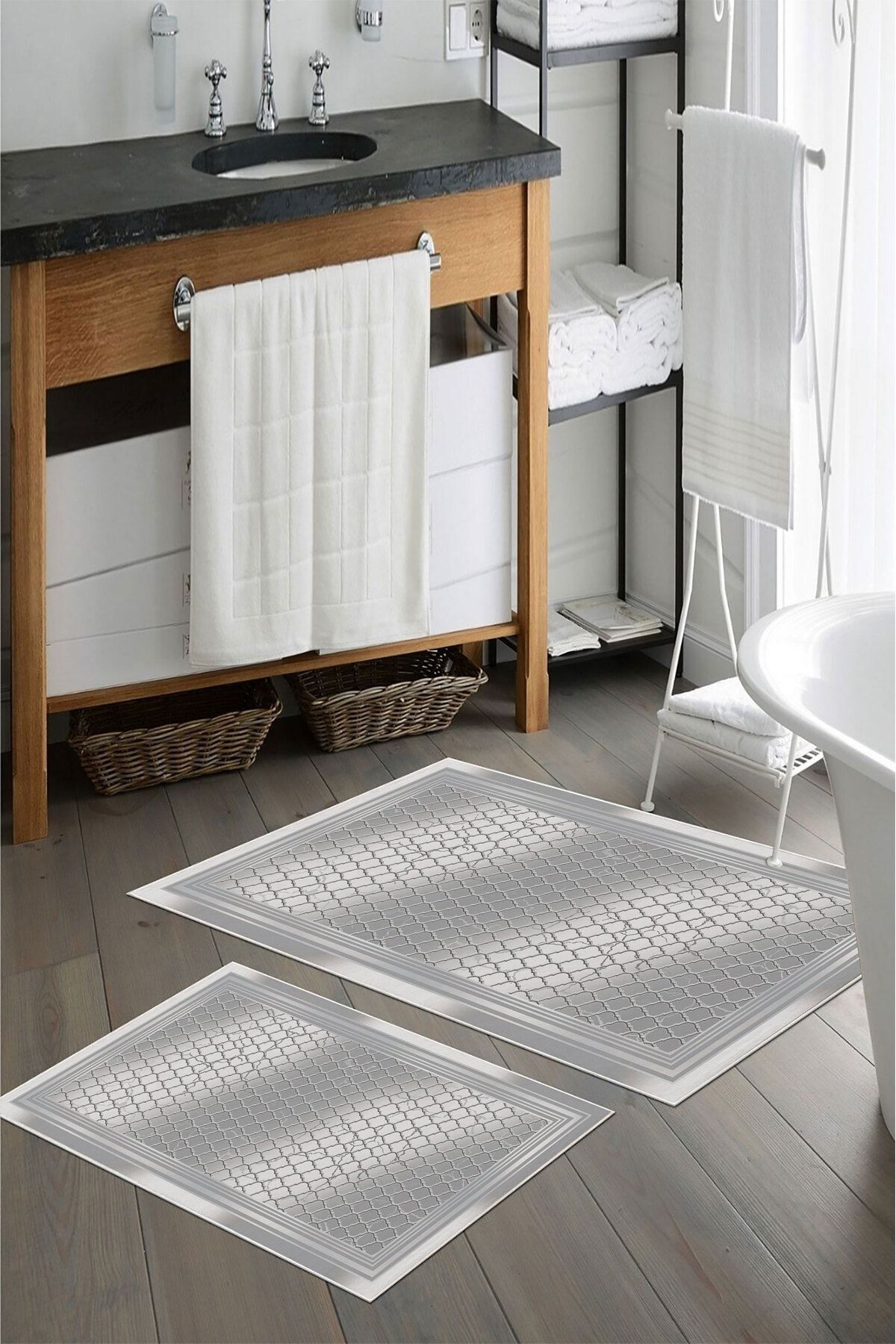 nova century Kaymaz Taban Yıkanabilir 2’li Banyo Paspası - Nova Bath Desenli 60*100 Cm - 50*60 Cm