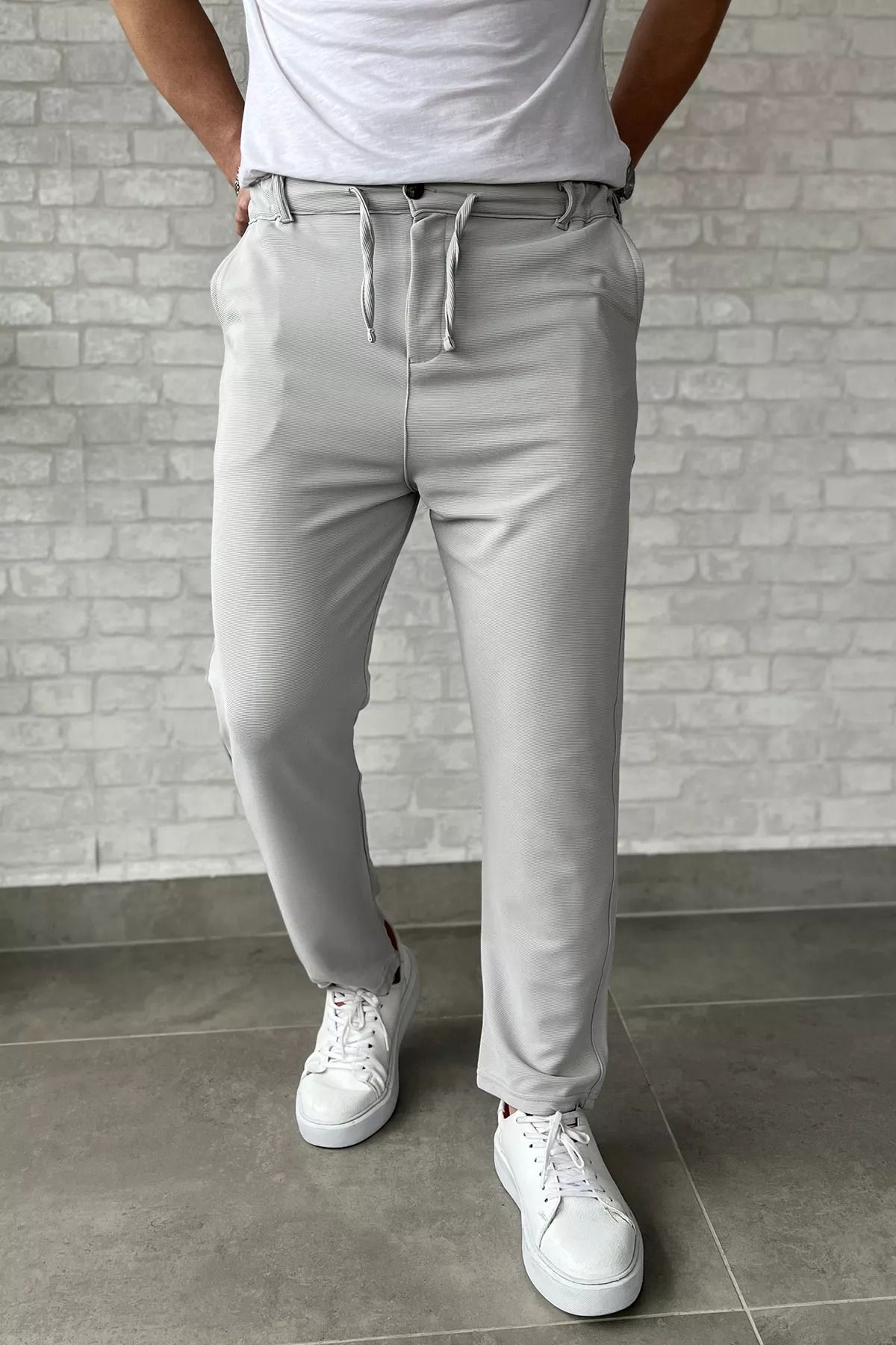 MİSHAR İTALİA Gri Bel Bağcıklı Düz Paça Erkek Jogger Pantolon