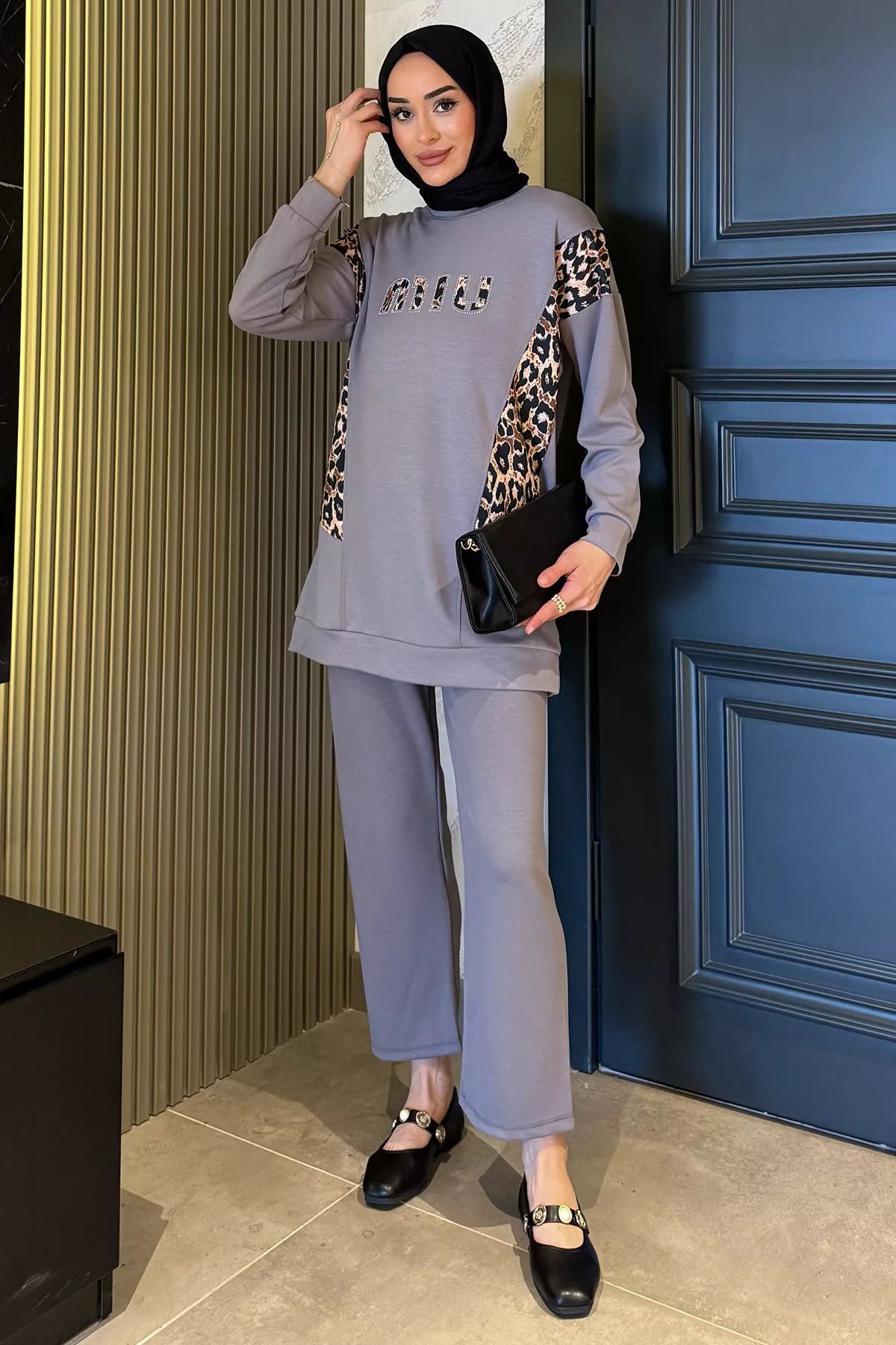 julude Gri Leopar Desenli Büyük Beden Tunik Pantolon Tesettür İkili Takım