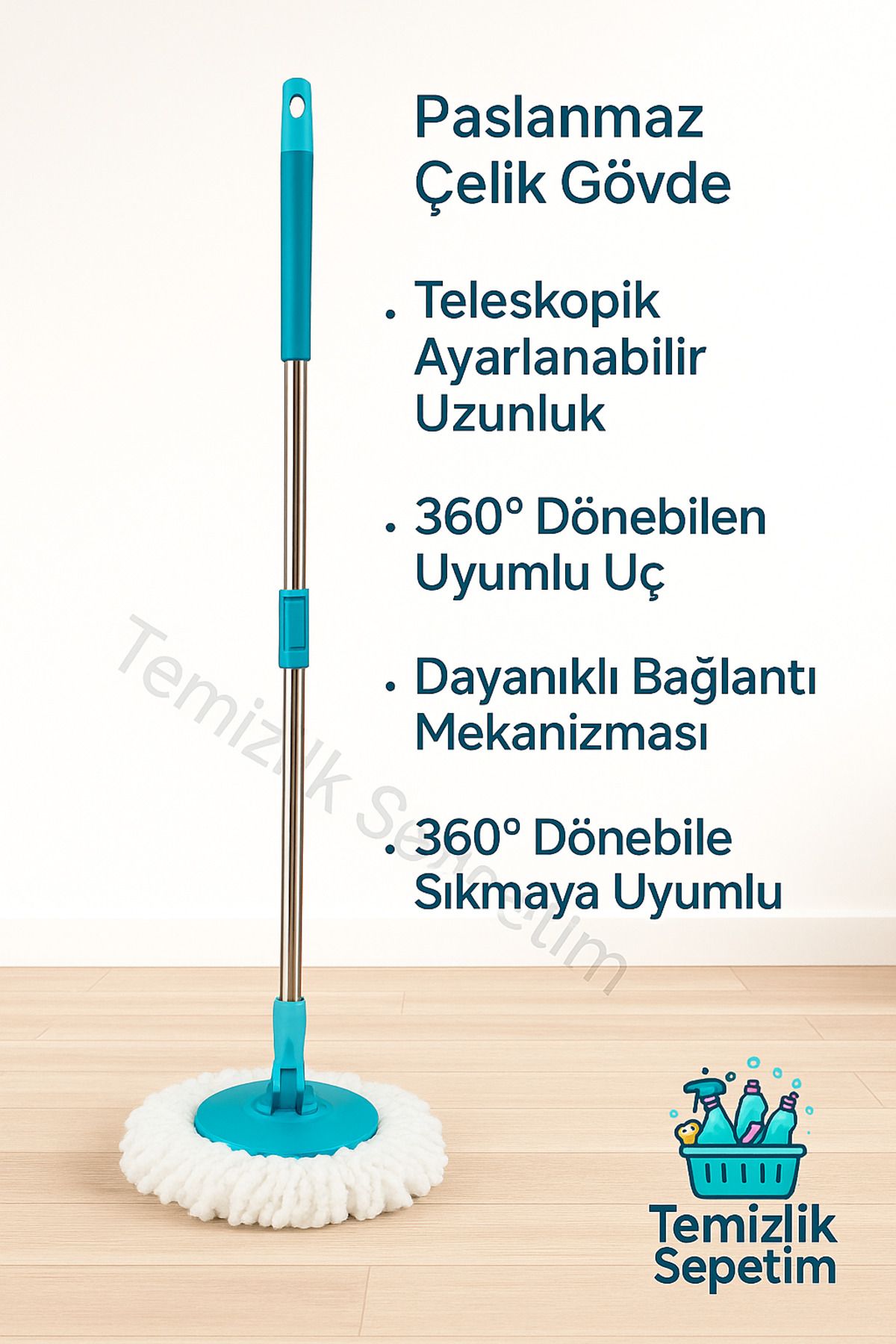 temizliksepetim Motek Uyumlu Turbo Spin Temizlik Kovası Sapı – Paslanmaz Çelik Sap