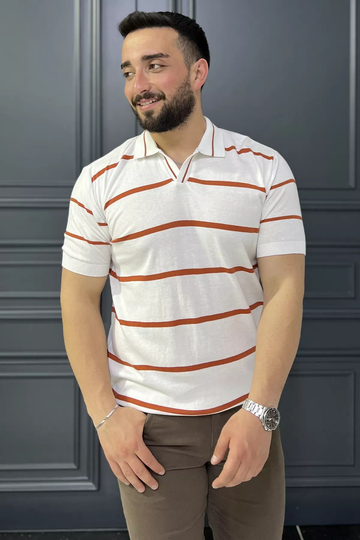 MİSHAR İTALİA Beyazorange Erkek Polo Yaka Çizgi Desenli Triko Tişört