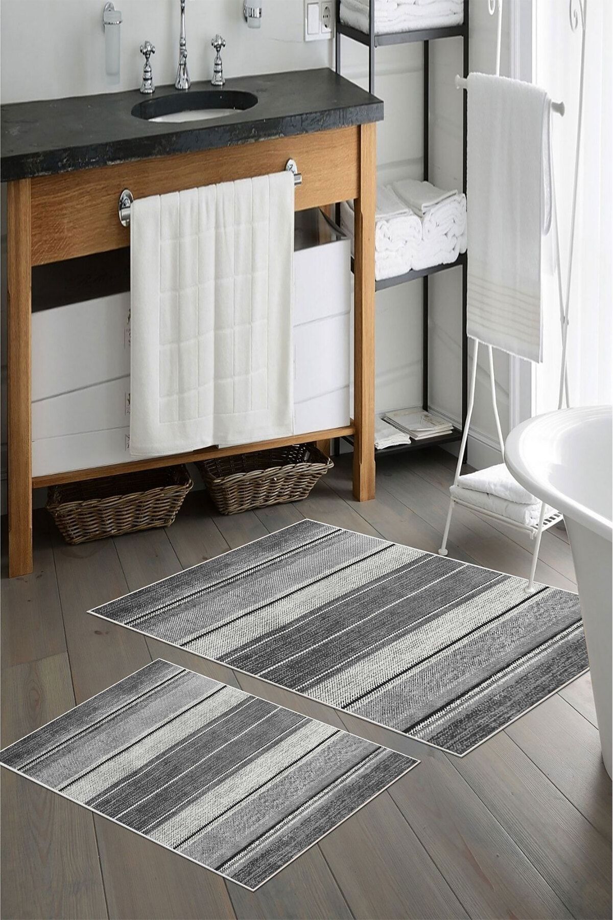 nova century Kaymaz Taban Yıkanabilir 2’li Banyo Paspası - Nova Bath Desenli 60*100 Cm - 50*60 Cm