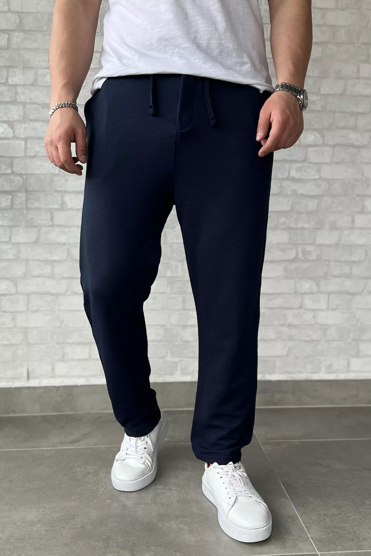 MİSHAR İTALİA Lacivert Bel Bağcıklı Düz Paça Erkek Jogger Pantolon