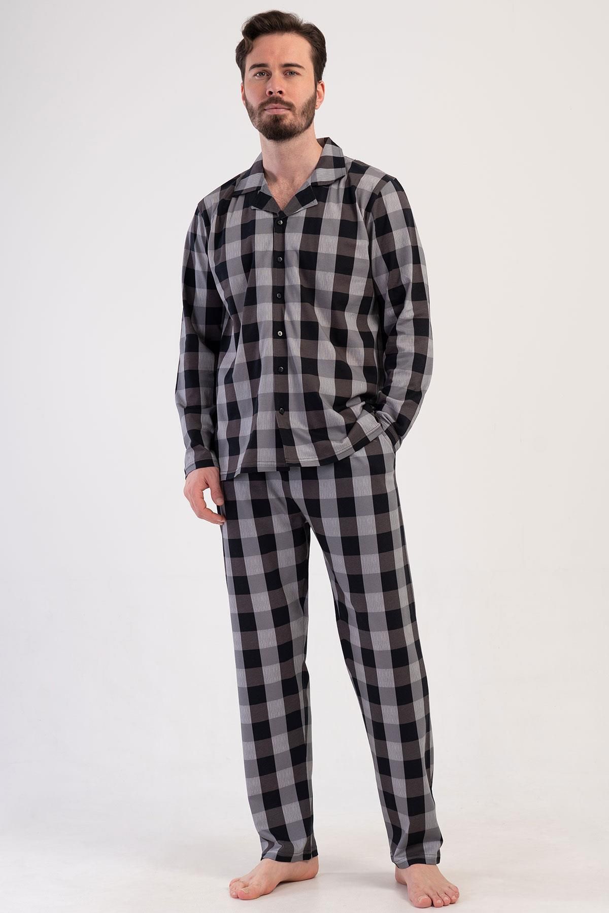VİENETTA Erkek Uzun Kol Önden Düğmeli Siyah Pijama Takım C0T9N1O904