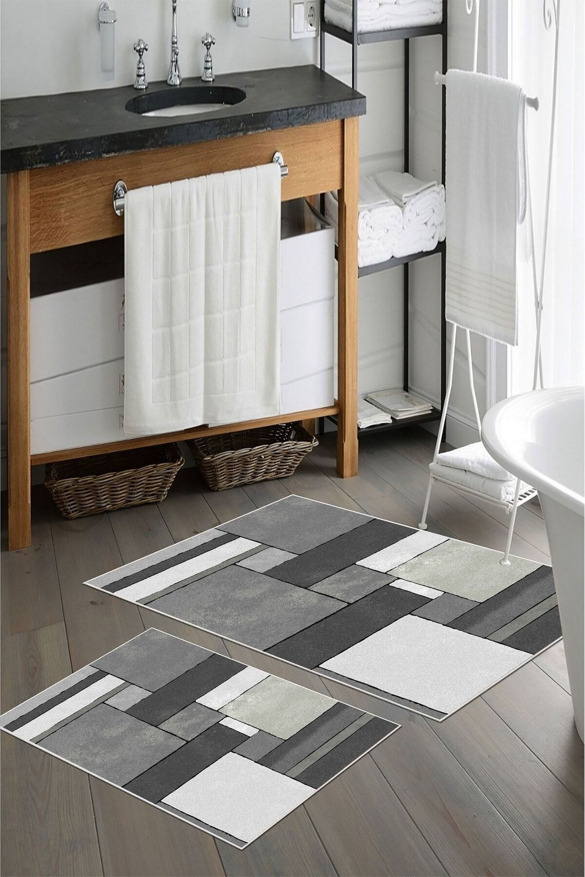 nova century Kaymaz Taban Yıkanabilir 2’li Banyo Paspası - Nova Bath Desenli 60*100 Cm - 50*60 Cm