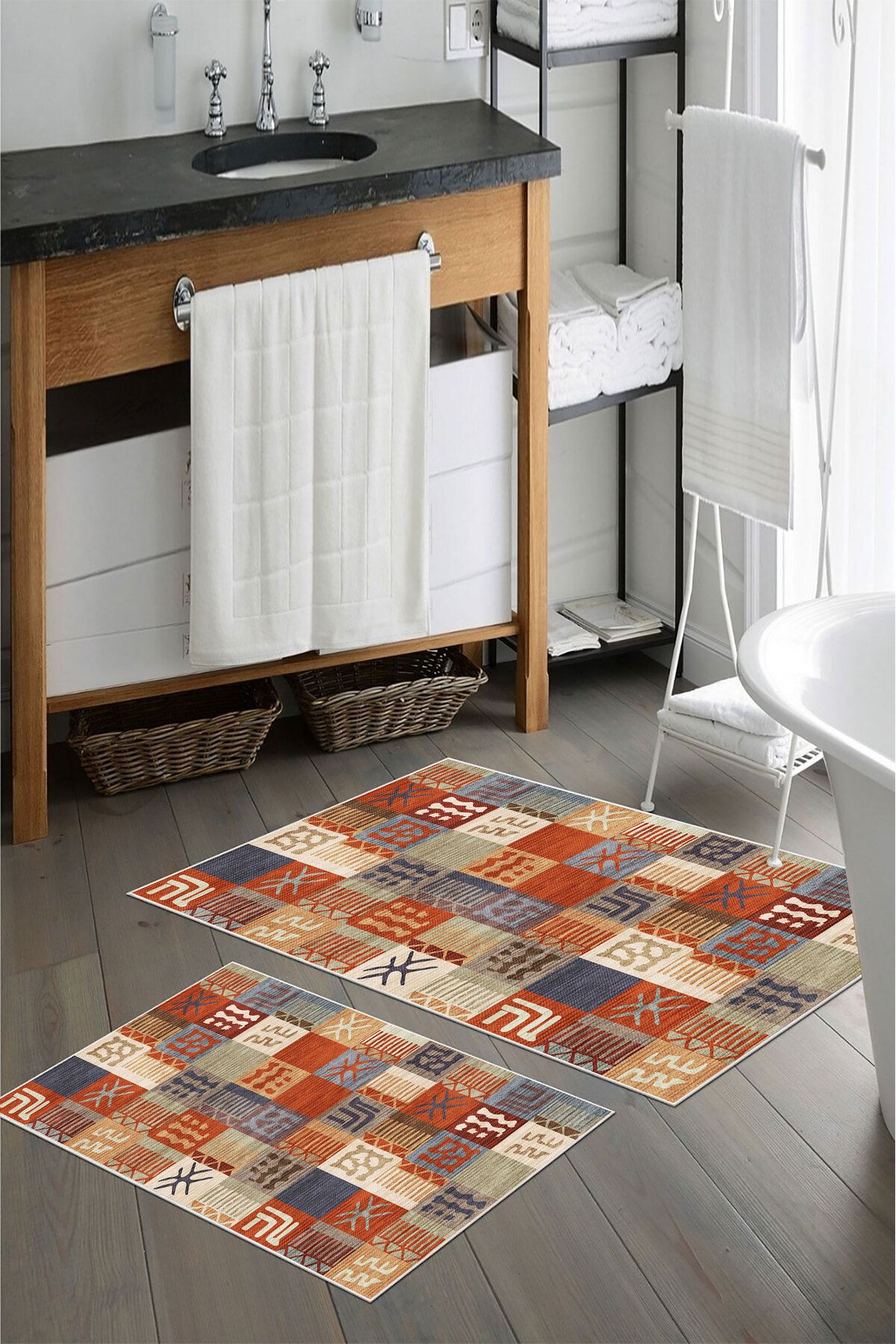 nova century Kaymaz Taban Yıkanabilir 2’li Banyo Paspası - Nova Bath Desenli 60*100 Cm - 50*60 Cm