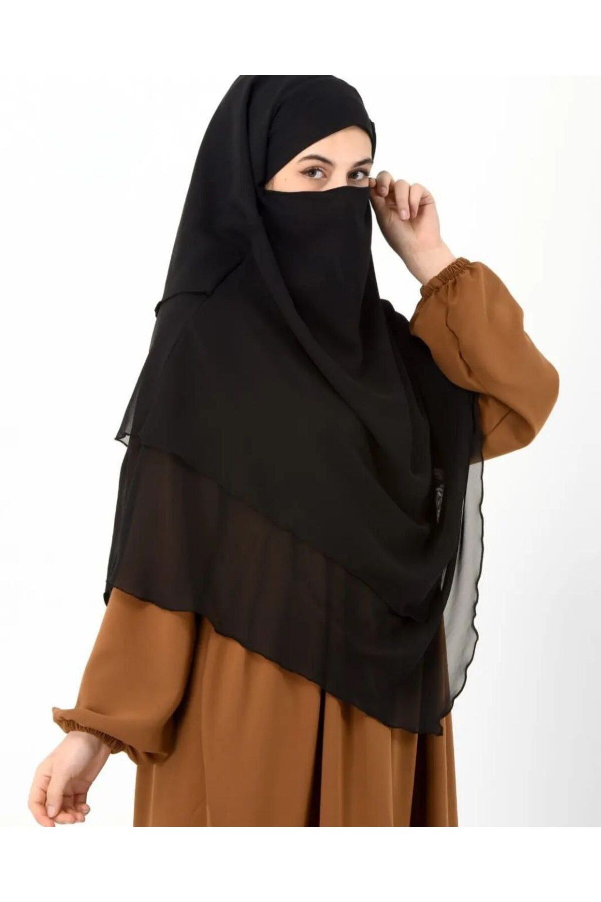 Rana Hazır Bağlama Üç Katlı Şifon Hac Umre Şalı Sufle Khimar Hijab Siyah