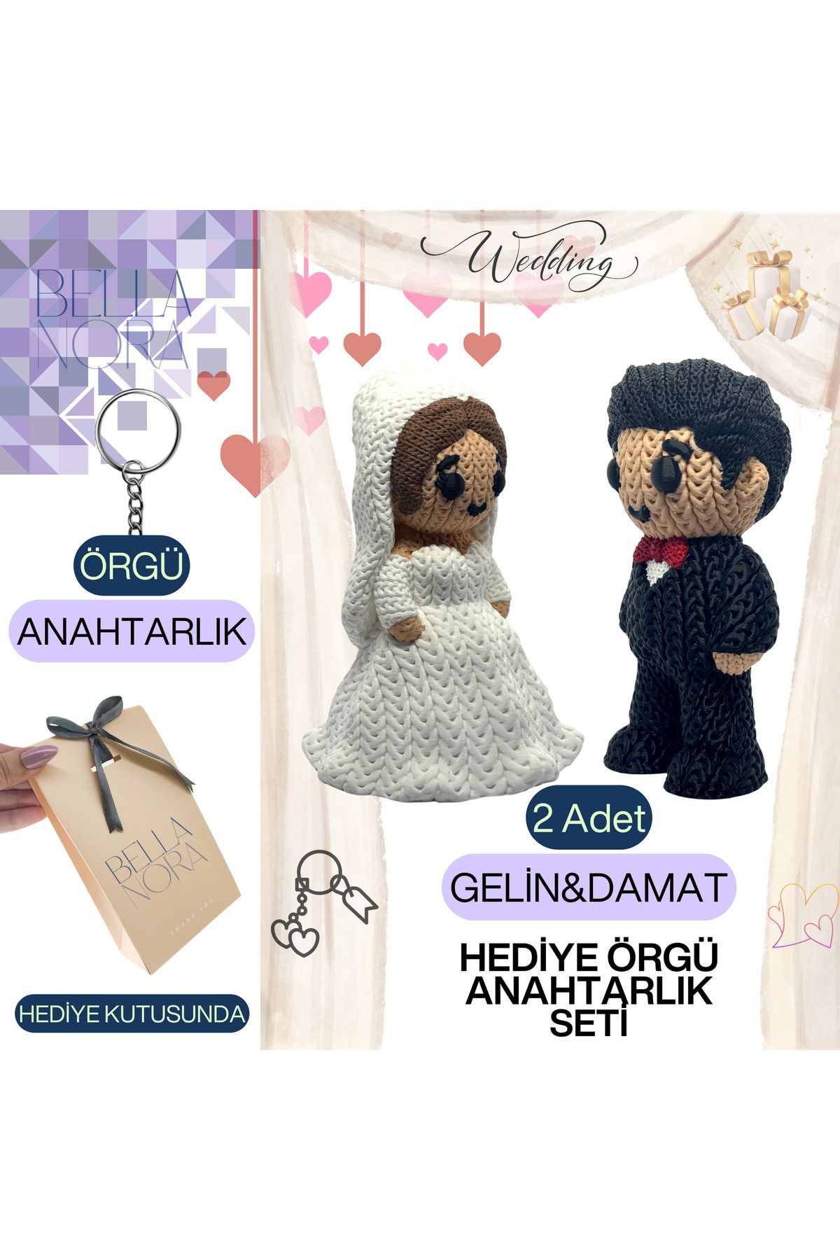 Bellanora 2'li Örgü Anahtarlık Gelin Damat Evlilik Nişan Hediyesi Amigurumi Çanta Süsü Özel Hediye Kutusunda