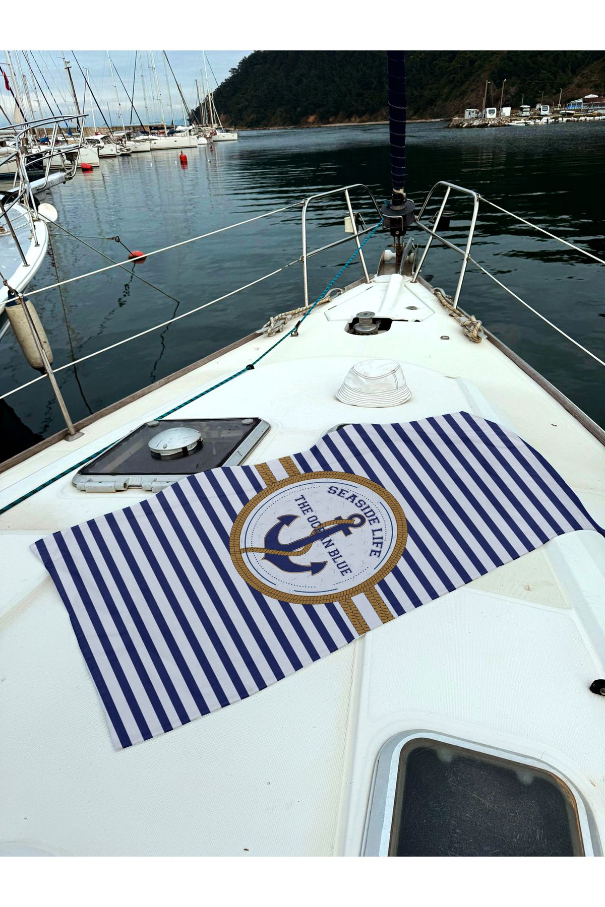 Miami Beach Marin Çapa Desenli Lacivert Beyaz Unisex Plaj Havlusu 70x150