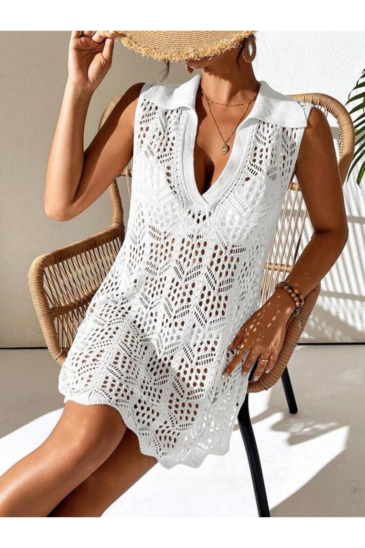SolQ Ajurlu Desen Gömlek Yaka Kolsuz Düğmeli Model Bikini Üstü Rahat Kalıp Triko Plaj Elbisesi