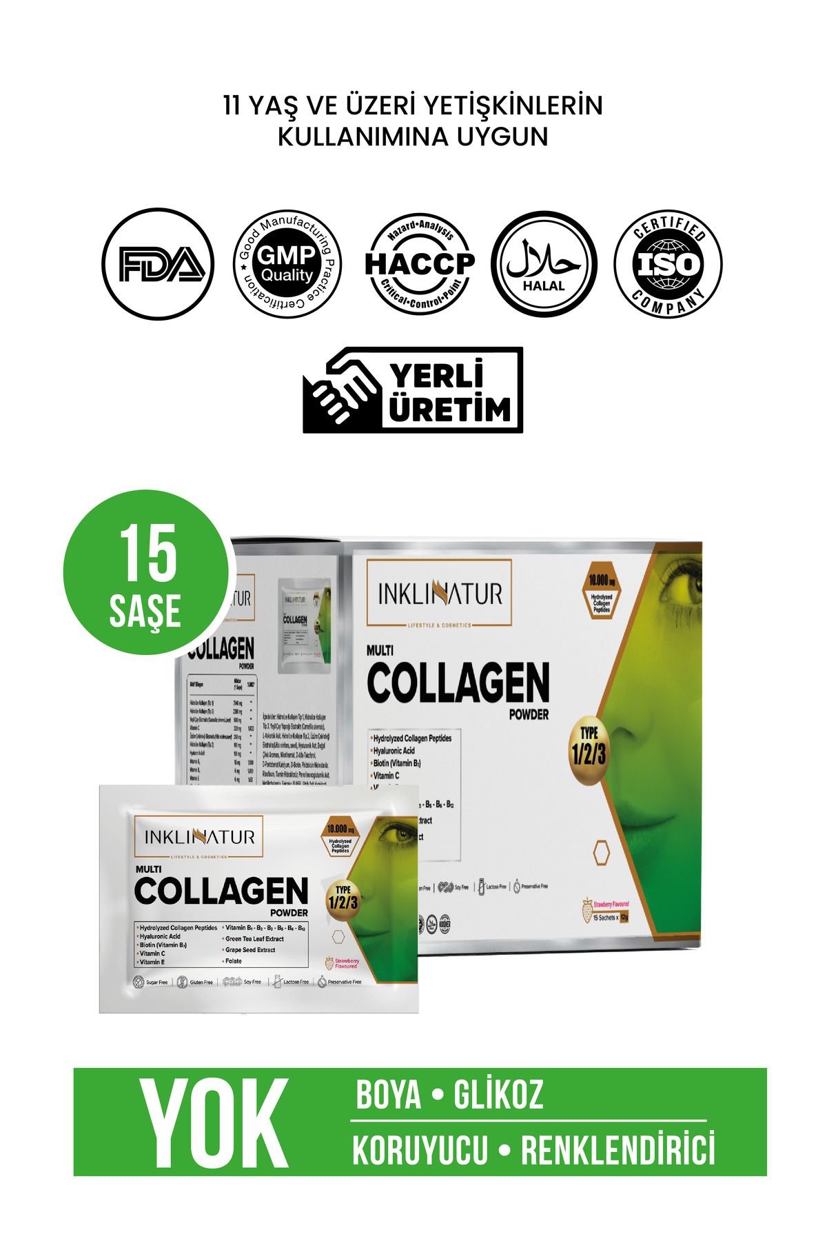 INKLINATUR Multi Collagen Powder 15 Saşe - Tip 1-2-3 Kolajen & Vitamin & Mineral & Bitkisel Ekstrat