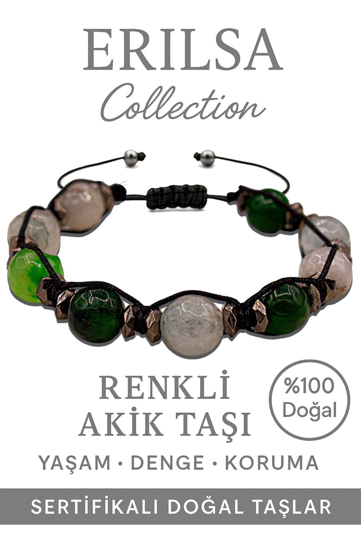 Erilsa Sertifikalı İri Boy Terahertz & Yeşil-Beyaz Akik Bileklik – Denge ve Saflık