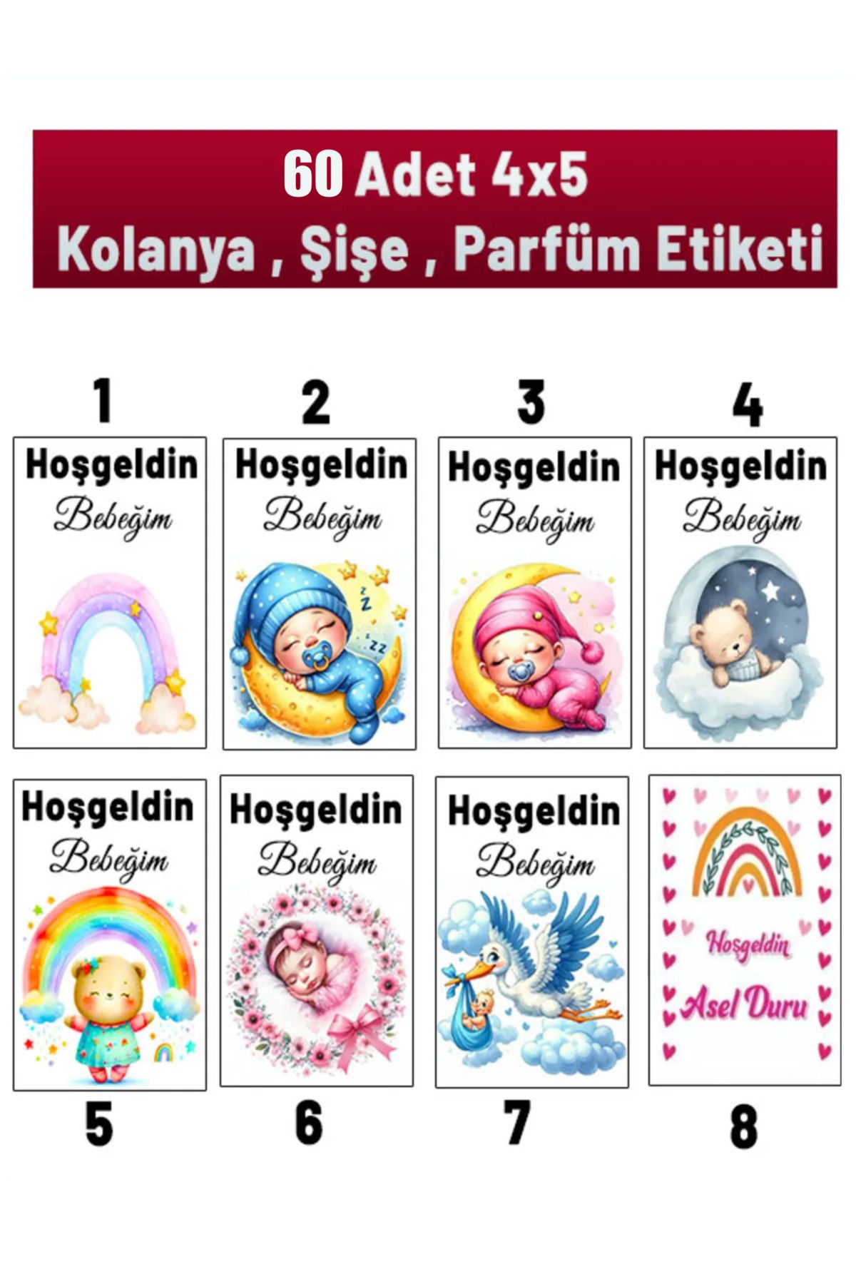 HEDİYE35 Kişiye Özel Kolonya ve Çikolata Etiketleri - Baby Shower Sticker (4x5 cm, 60Adet)