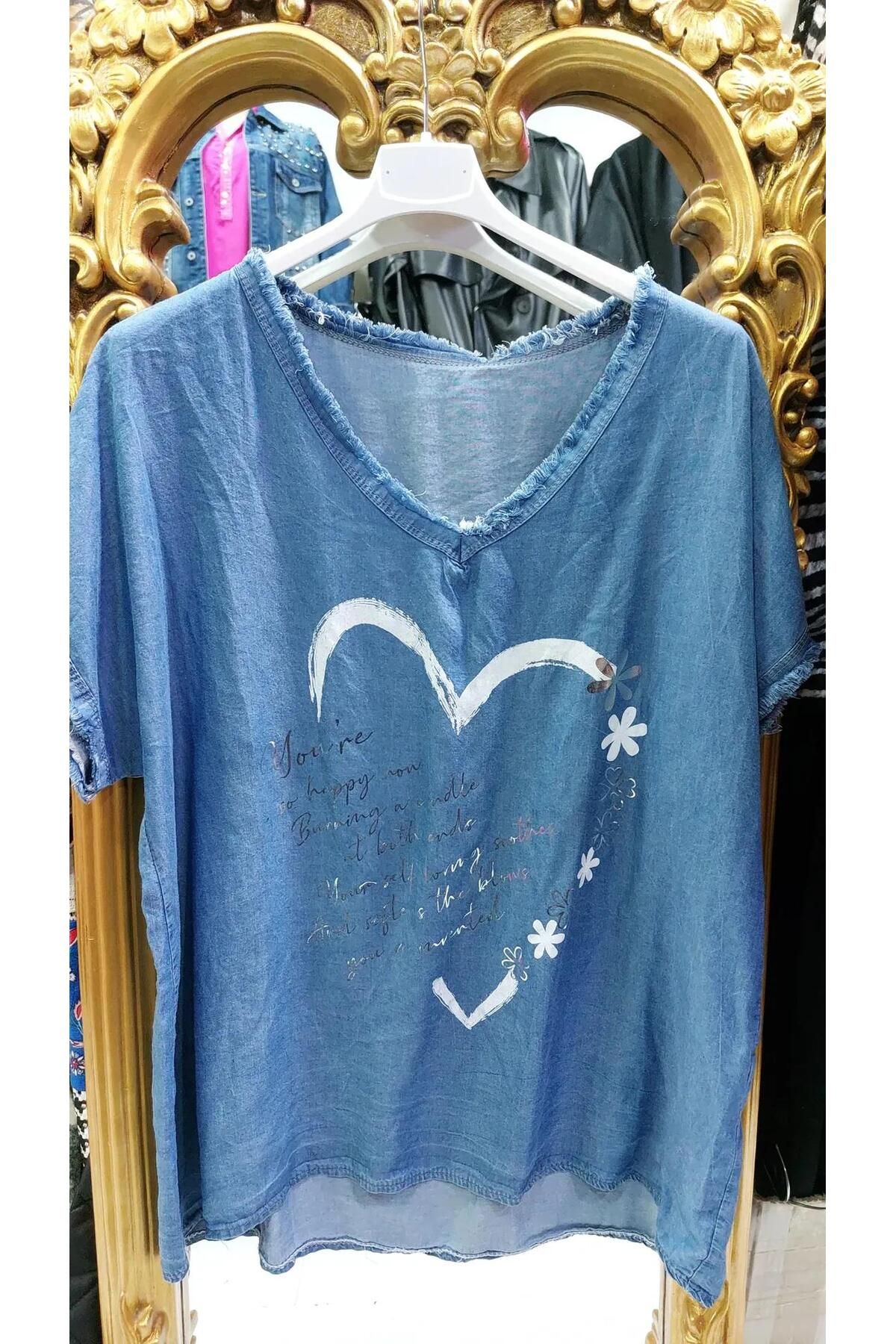 Butik Ayseba Park Moda Kot Görünümlü V Yaka Kısa Kollu İtalyan Bluz