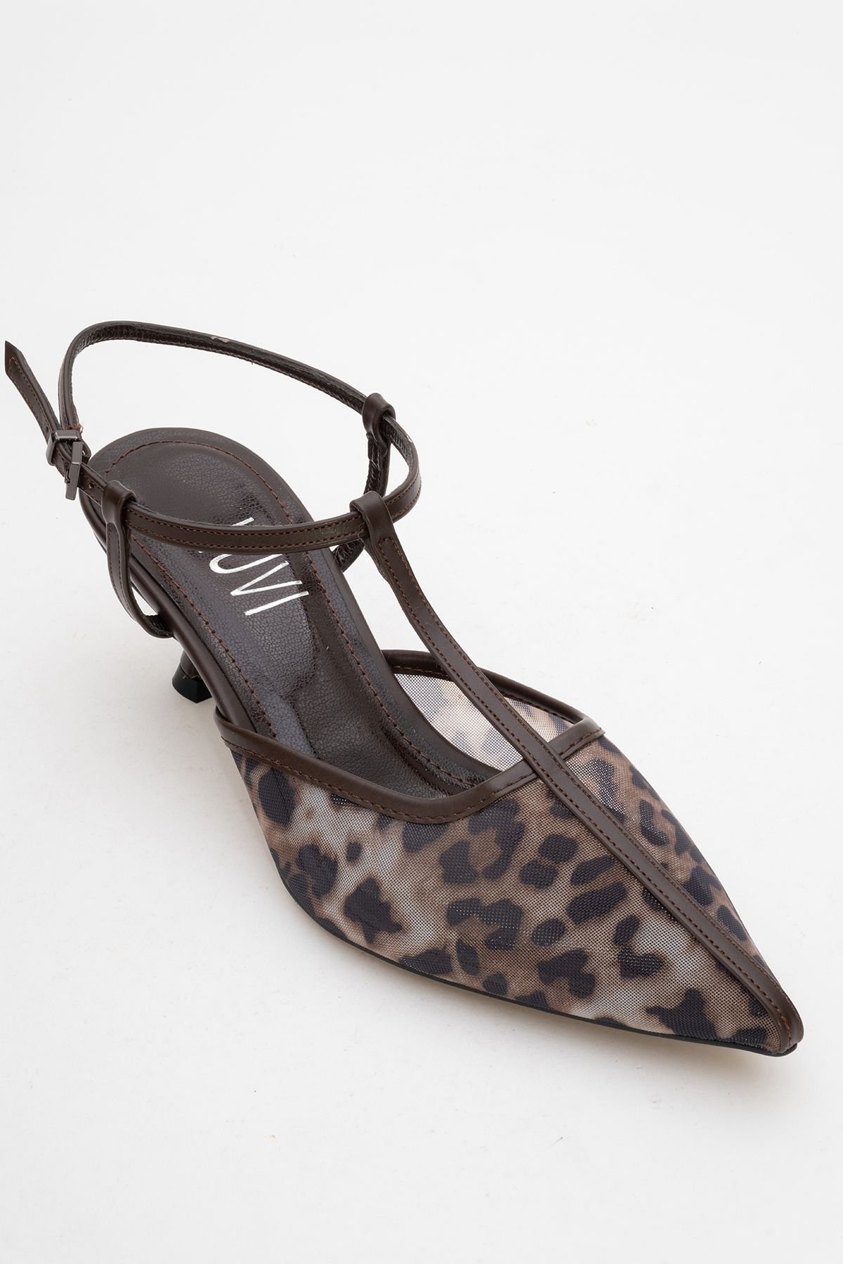 LuviShoes-Lare Brown Mesh Patterned Pointed Toe Women's Low Heeled Shoes 3