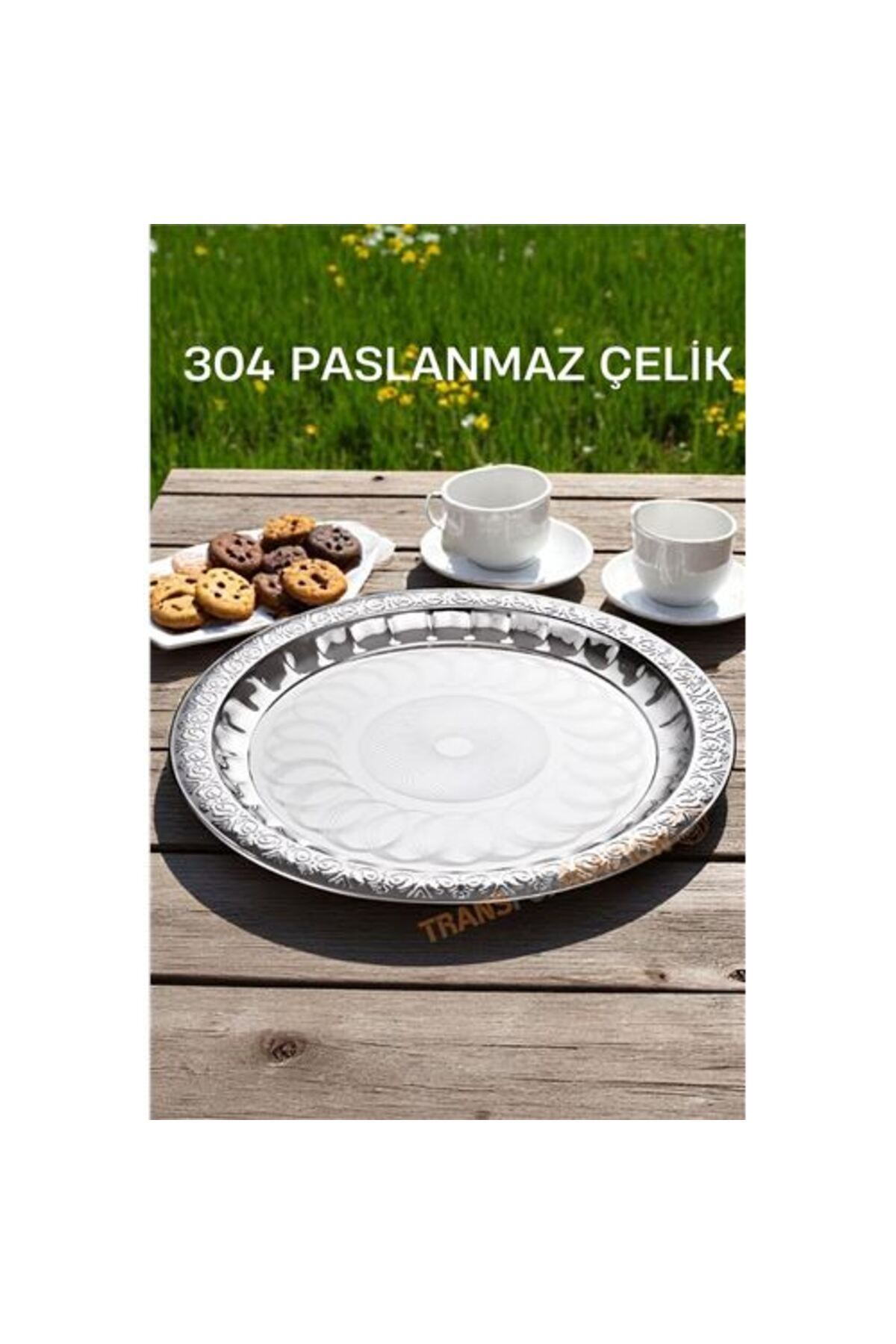 Findit Servis Tepsisi - Çelik Çay Tepsisi Şık Desenli Tepsi 44 CM