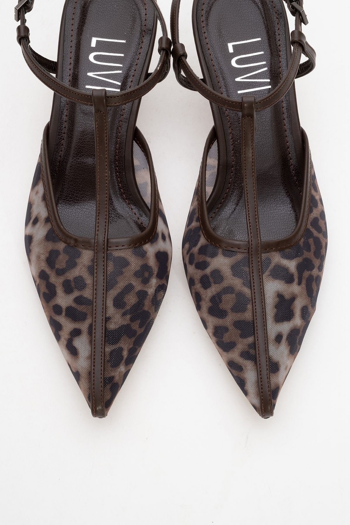 LuviShoes-Lare Brown Mesh Patterned Pointed Toe Women's Low Heeled Shoes 2