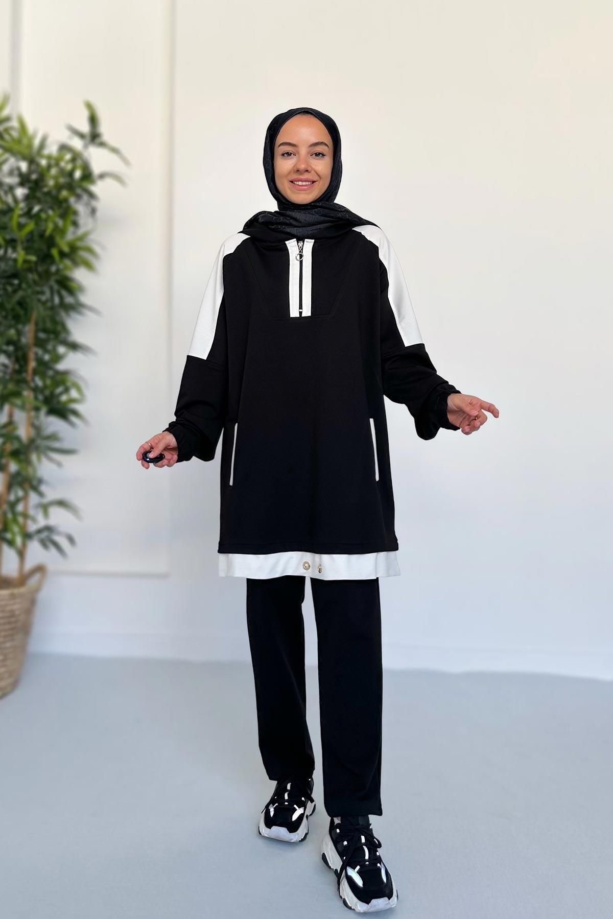 Ka Hijab Kapüşon Detay İki İplik Takım - Siyah