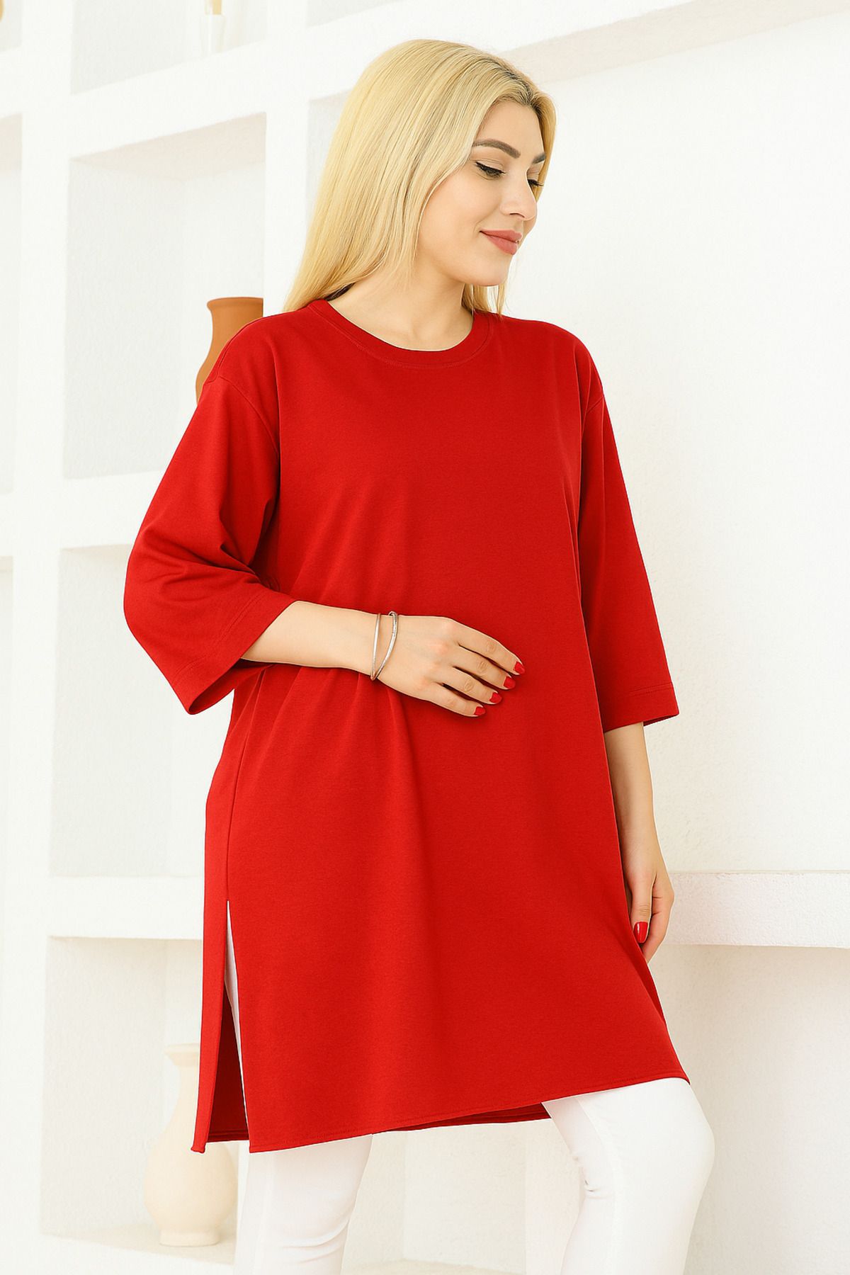 FATELLA Kadın Kırmızı Oversize Tunik Tişört Yarım Kollu Yuvarlak Yaka, Rahat Kesim