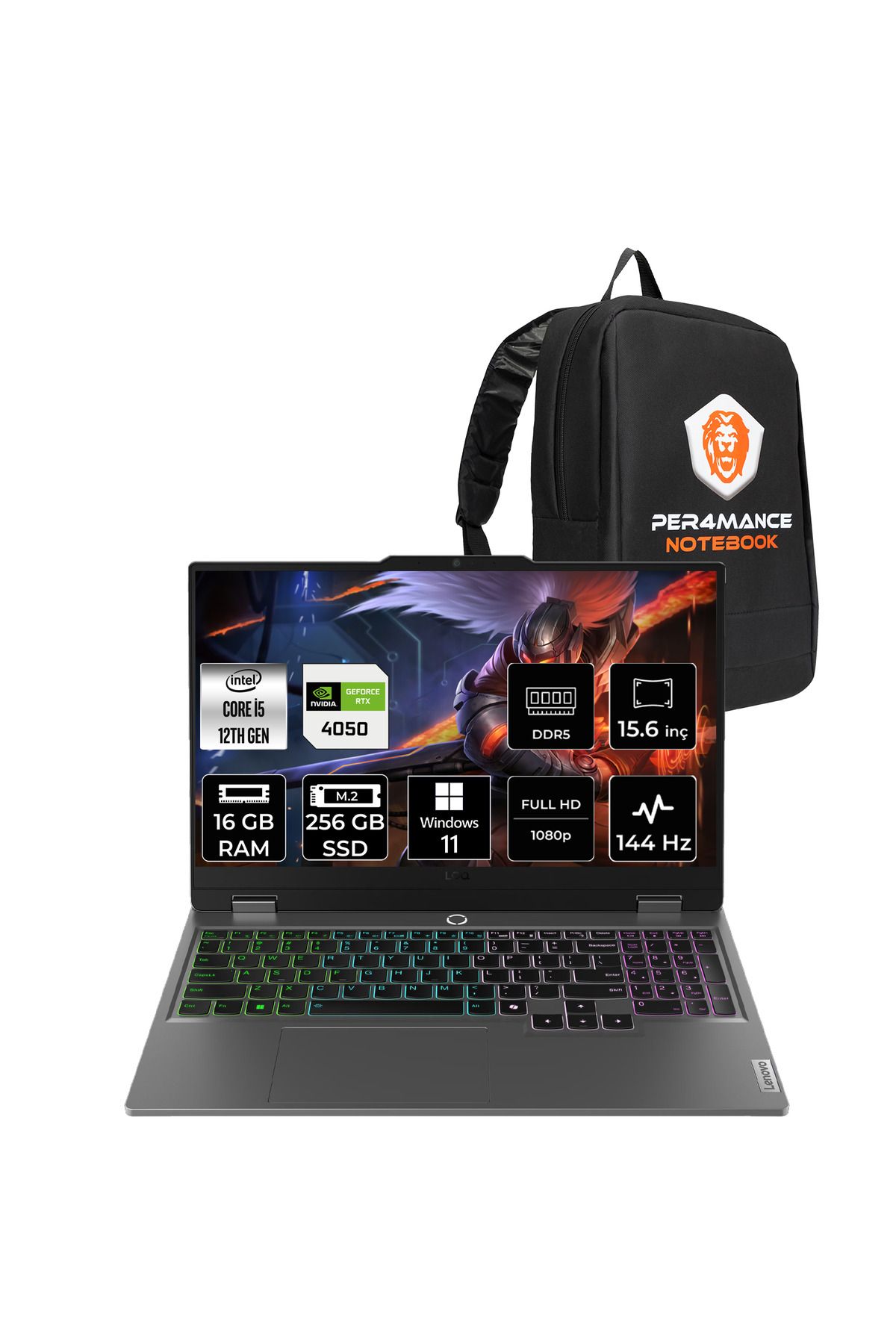 LENOVO LOQ i5 12600HX 16GB 256GB SSD RTX4050/6GB 105W 144Hz 15.6" W11P Gaming Laptop & PER4 ÇANTA