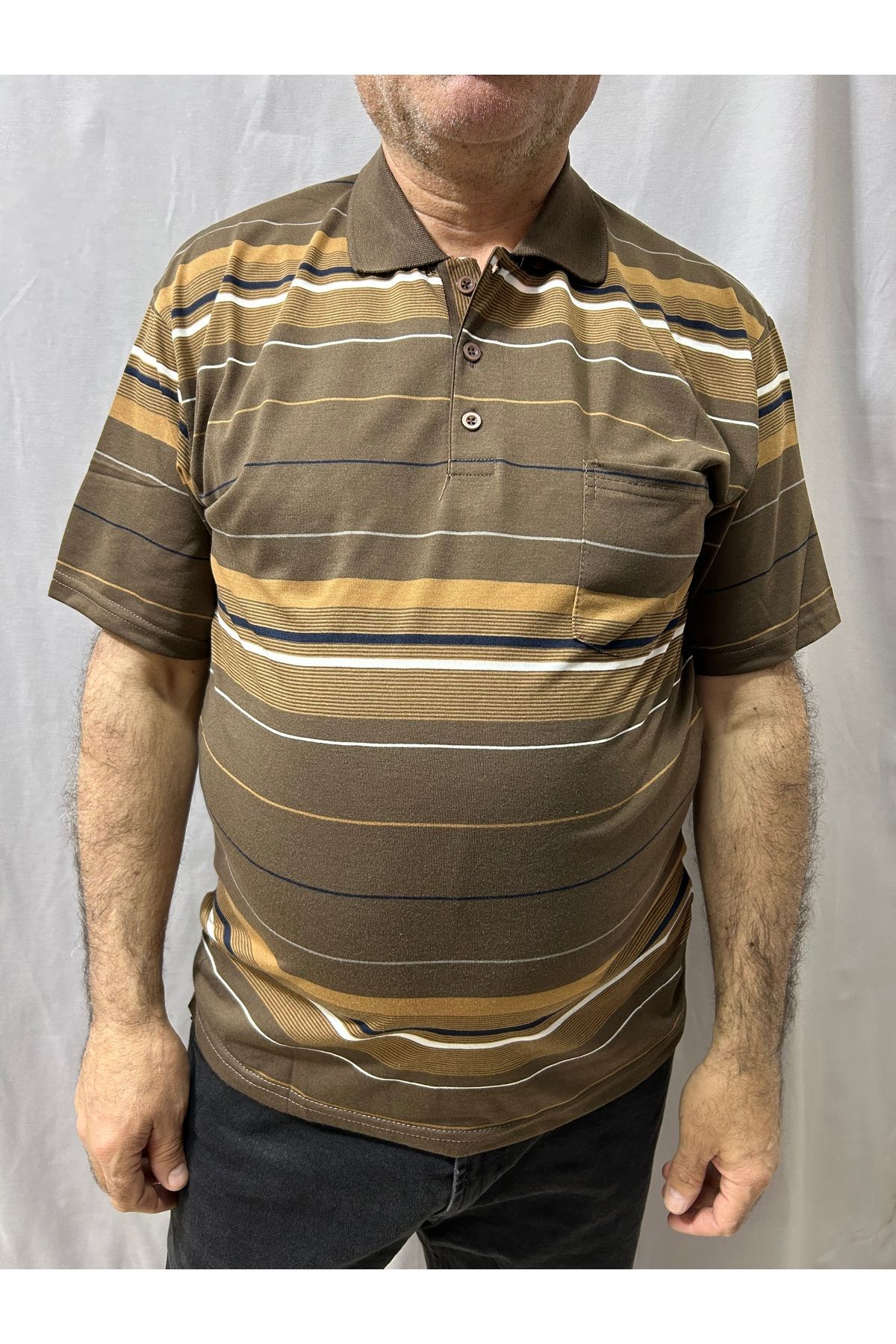 ECALAMODE Yetişkin Erkek Çizgili Polo Yaka Penye Tişört – Baba Tişörtü – Yazlık Rahat Kesim