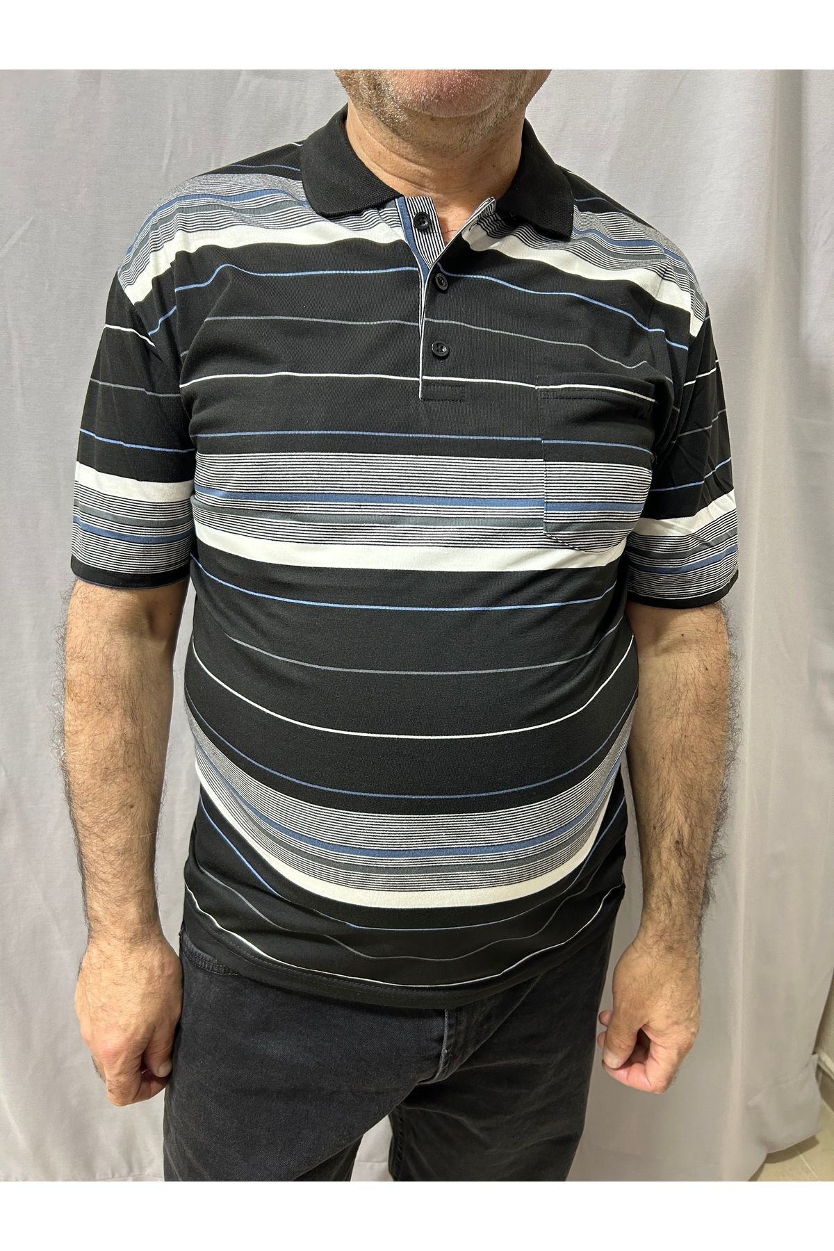 ECALAMODE Yetişkin Erkek Çizgili Polo Yaka Penye Tişört – Baba Tişörtü – Yazlık Rahat Kesim
