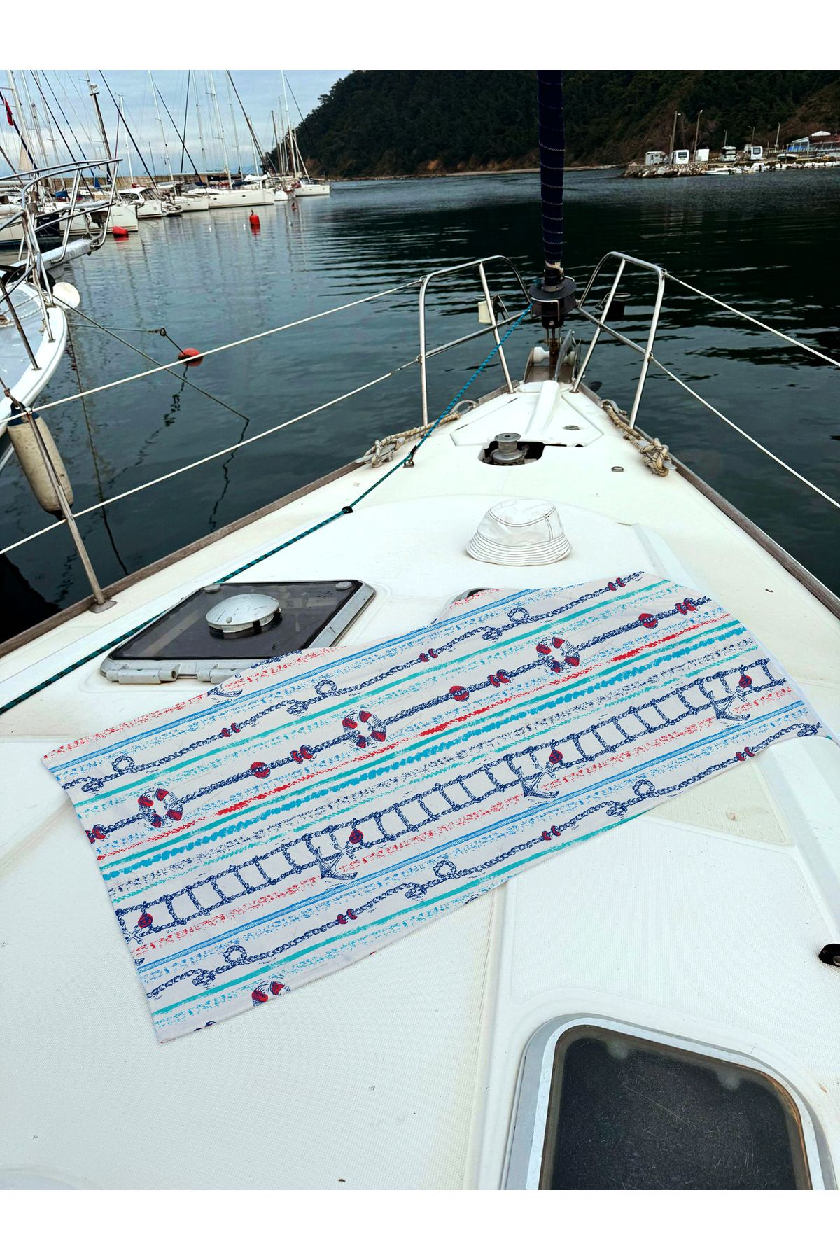 Miami Beach Marin Çapa Dümen Desenli Krem Rengi Unisex Plaj Havlusu 70x150