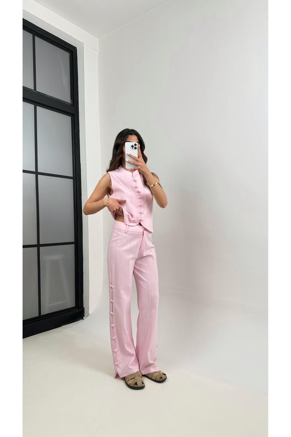 Gaus Pembe Düğmeli Tasarım Yelek Pantolon Keten Takım Gaus00339