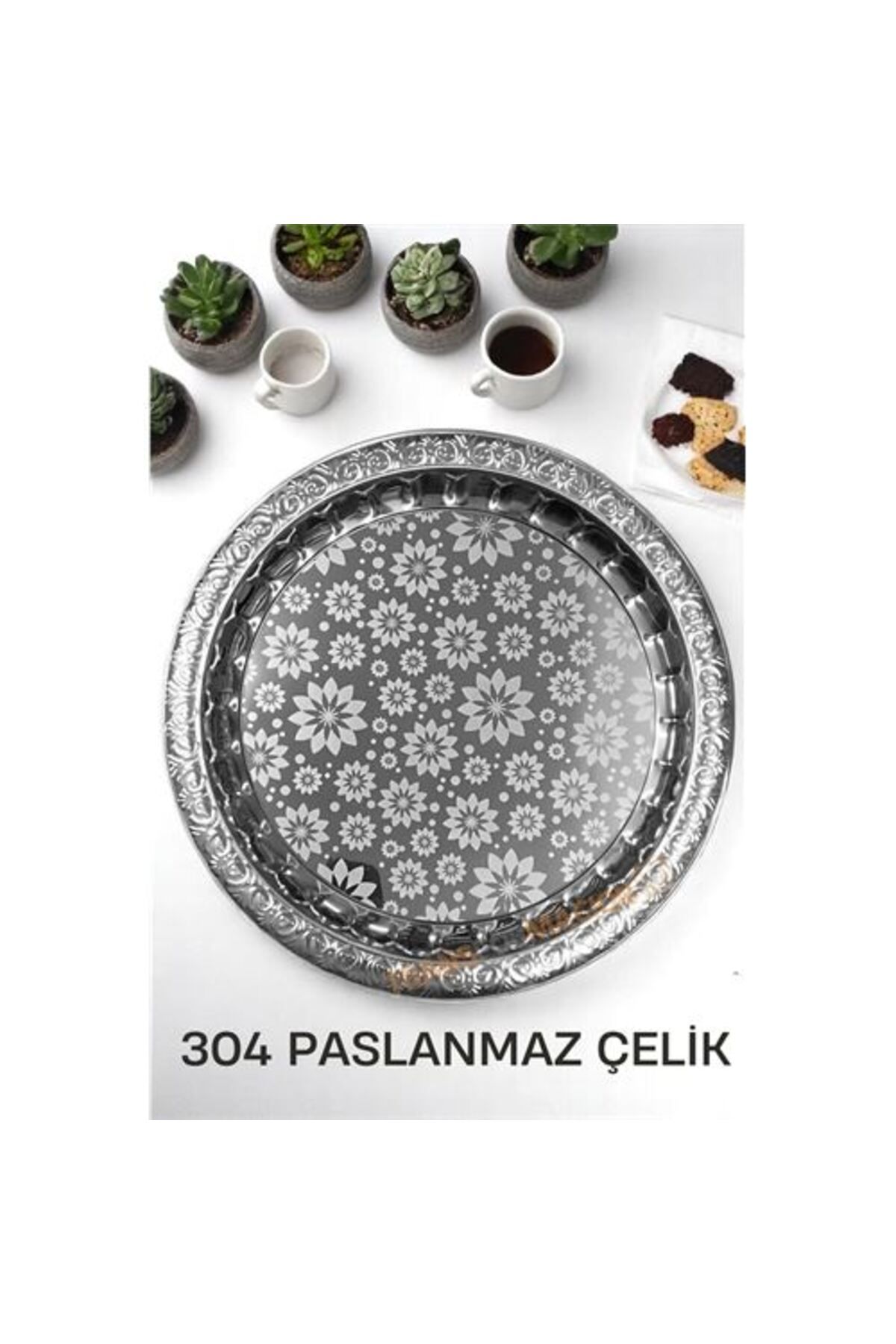 Findit Servis Tepsisi - Çelik Çay Tepsisi Şık Desenli Tepsi 36 CM