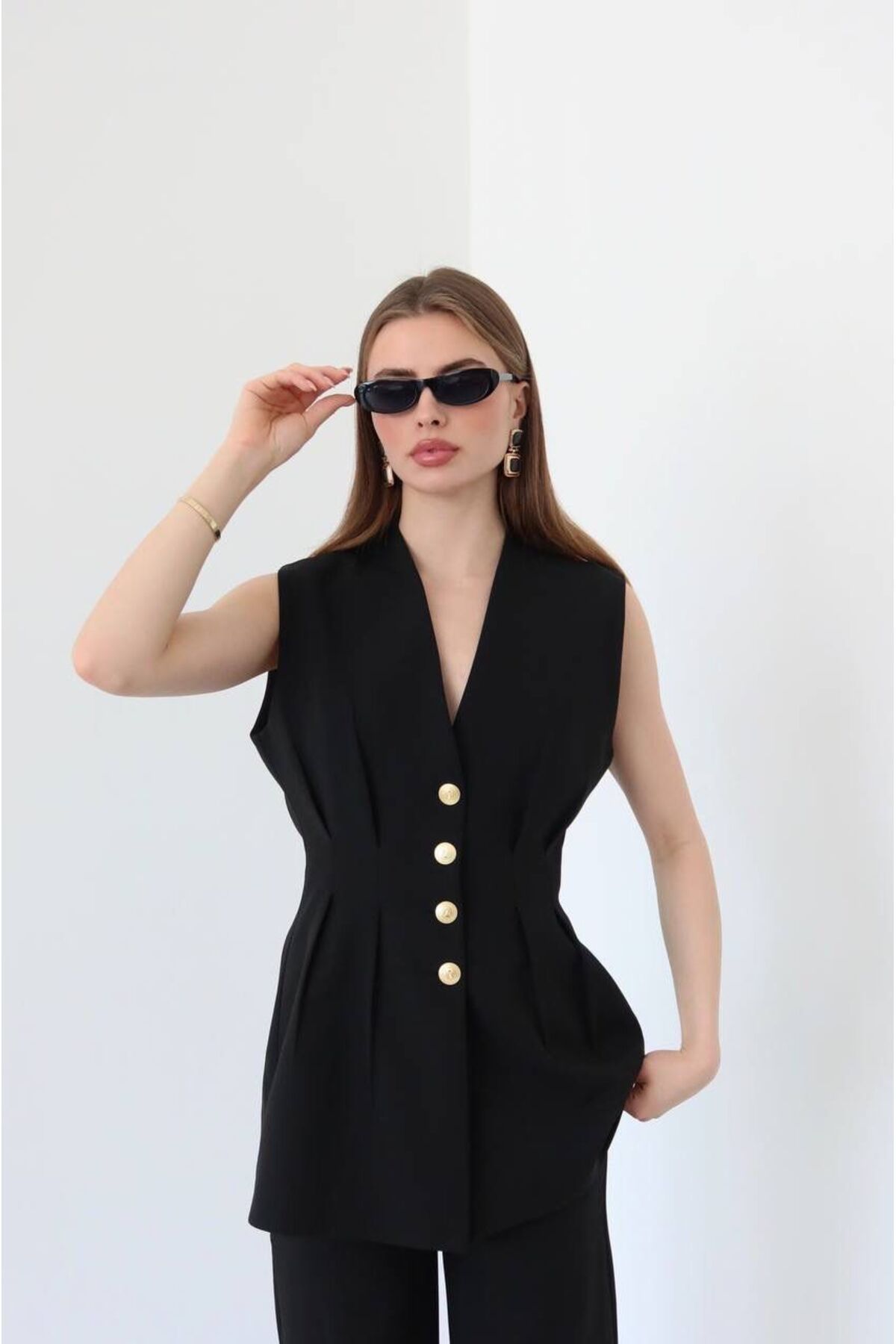 MODA Siyah Gold Düğmeli İkili Yelek Takım