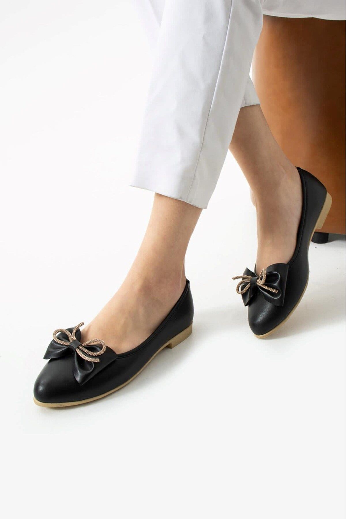 AlbiShoes Kadın Günlük Fiyonklu Balerin Babet Rahat Taban Şık Babet Günlük İş Ofis Babet Ayakkabı