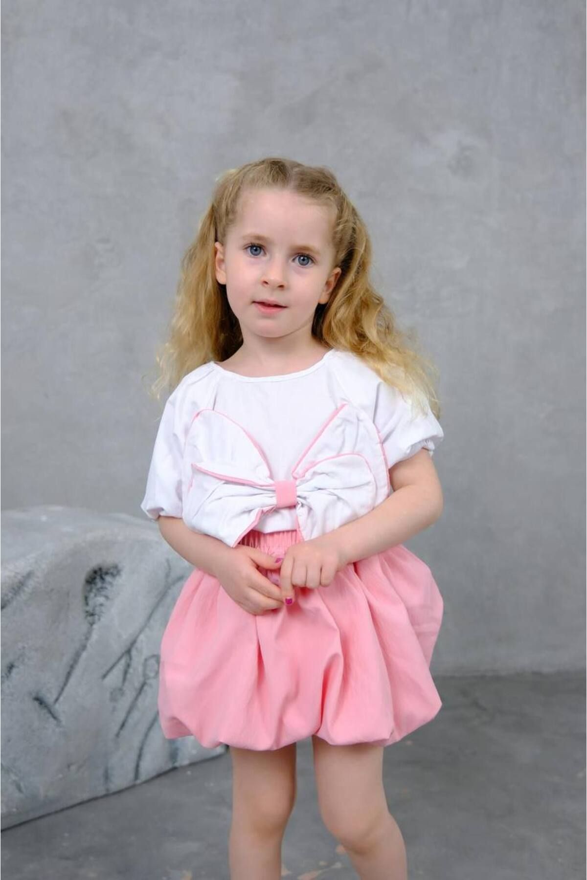 ARBİ kids Kız çocuk fiyonklu poplin bluz balon etekli şık takım