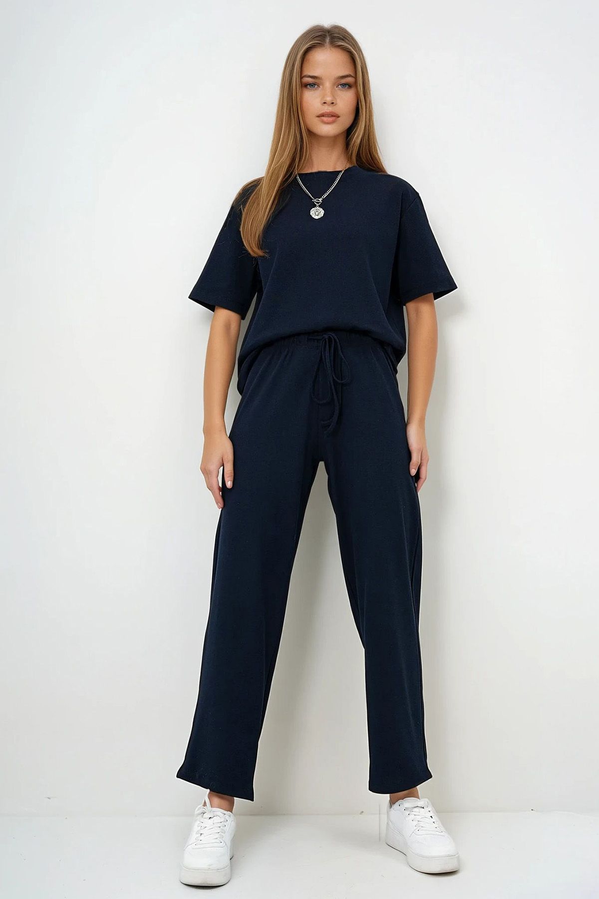 VAGGON Bluză Tricotată Cu Mânecă Scurtă Și Pantaloni Palazzo Pentru Femei, Albastru Bleumarin, Cu Decolteu, Prmx13878 Femeie - 36