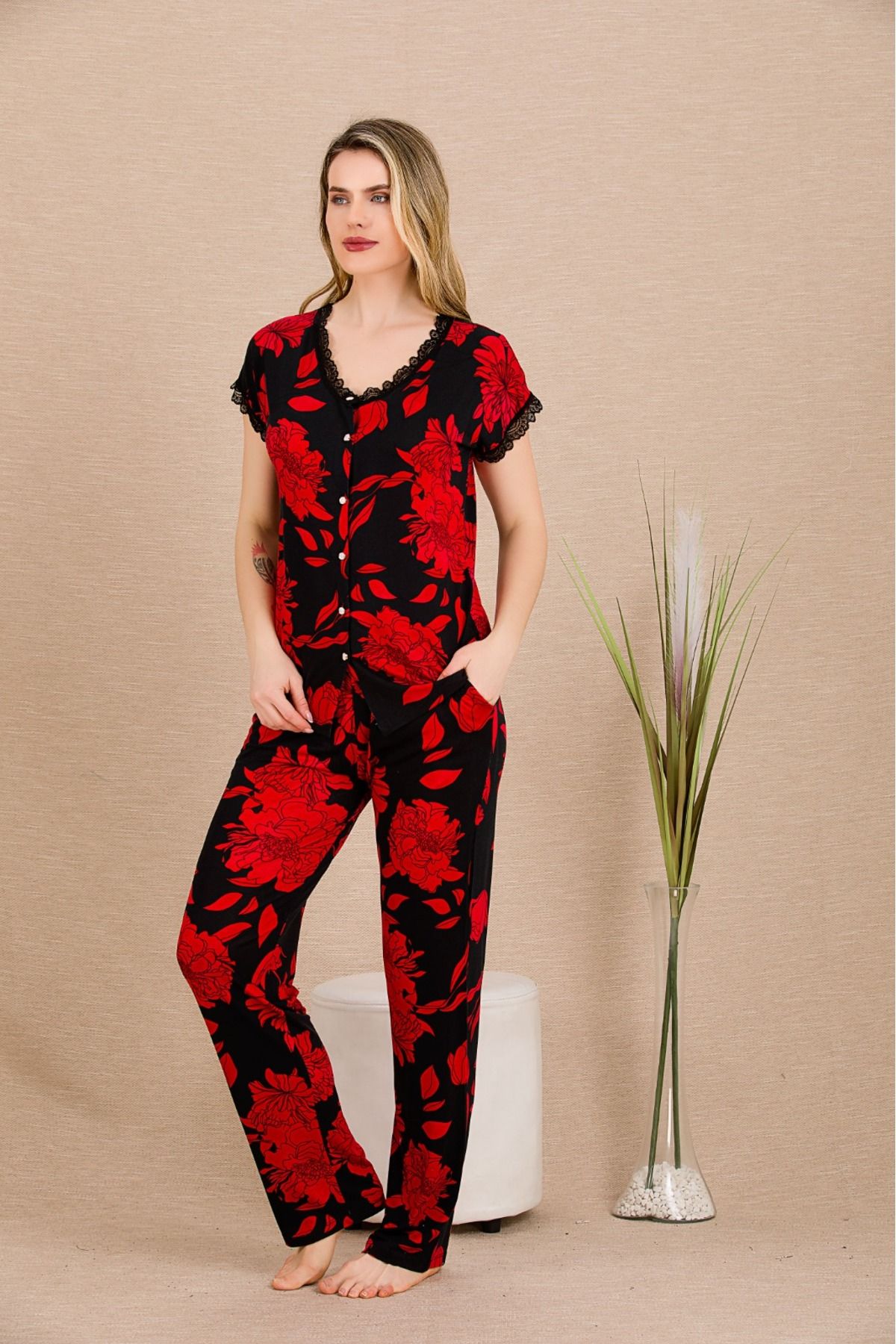 Lady Lingerie Kısa Kollu Çiçek Desenli Boydan Düğmeli Kadın Pijama Takımı