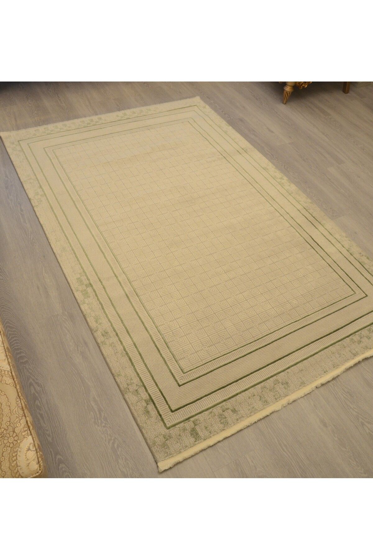 Home Akrilik Yeşil Çift Çerçeve Çizgili Modern Oturma Odası Halısı