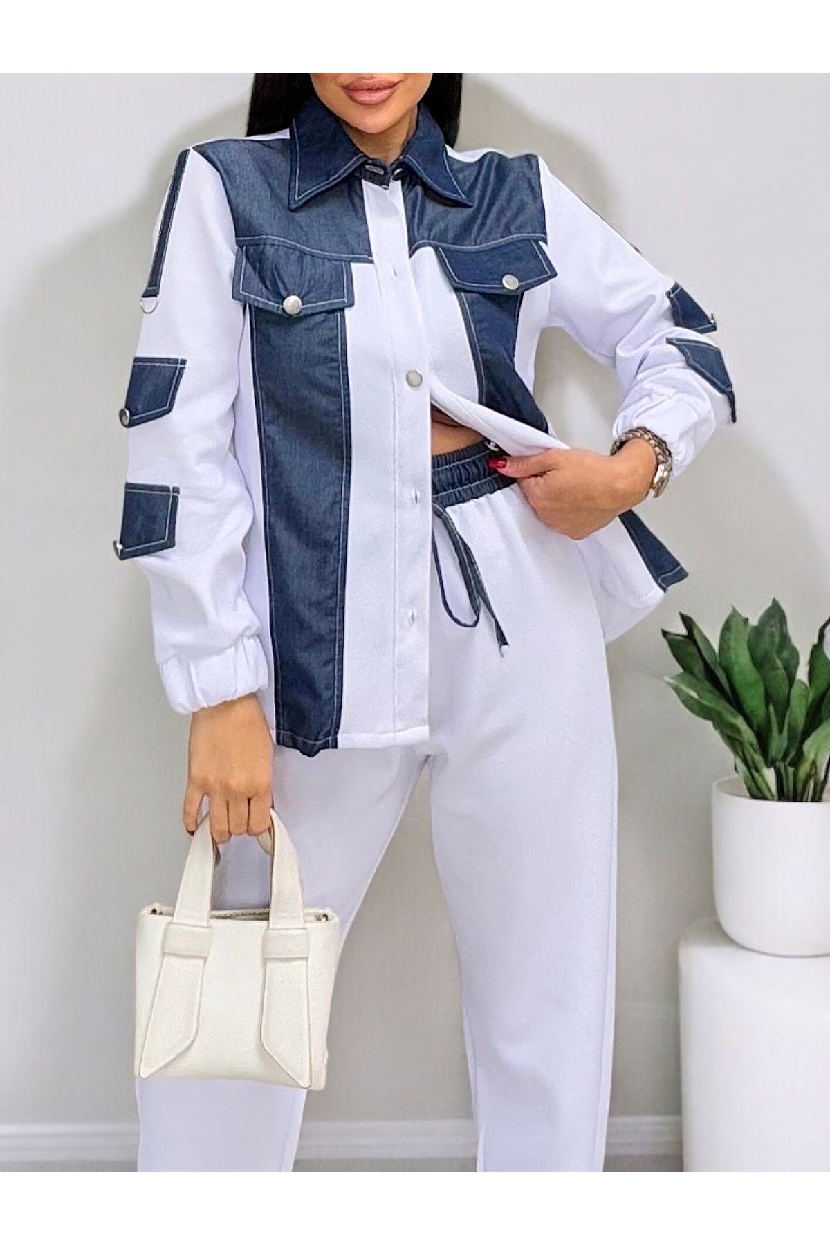 studio fashion 1988 Kadın Beyaz Denim Garnili Beli Lastikli A Kalite Scuba Tasarım Gömlek Ceket İkili Takım