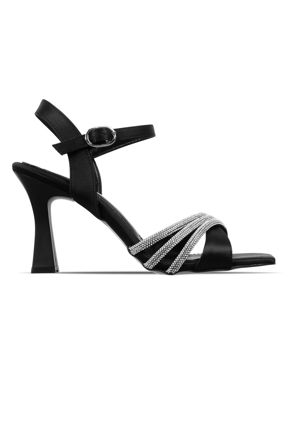 Lal Shoes & Bags Badra Kadın Çapraz Bantlı Taş Detalı Saten Bilekten Bağlamalı Topuklu Ayakkabı-siyah