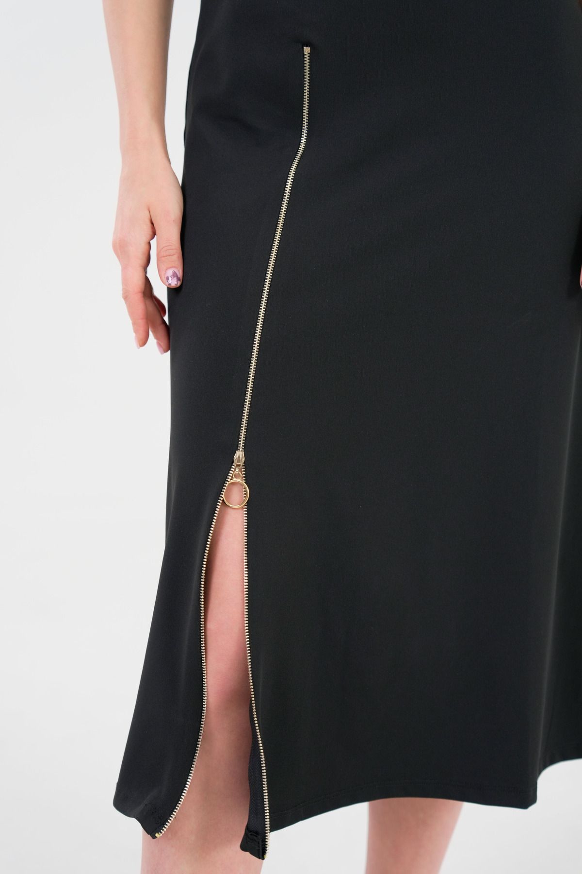 lovebox-Women's Zippered Design Detail Short Sleeve High Collar Black Midi Evening Dress 2175 8