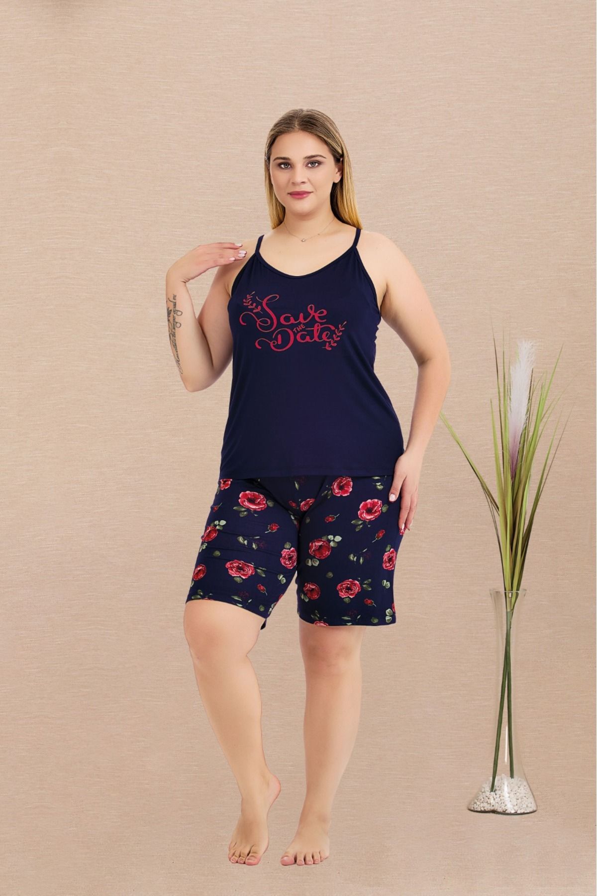 Lady Lingerie İnce Askılı Çiçekli Şortlu Battal Beden Kadın Pijama Takımı